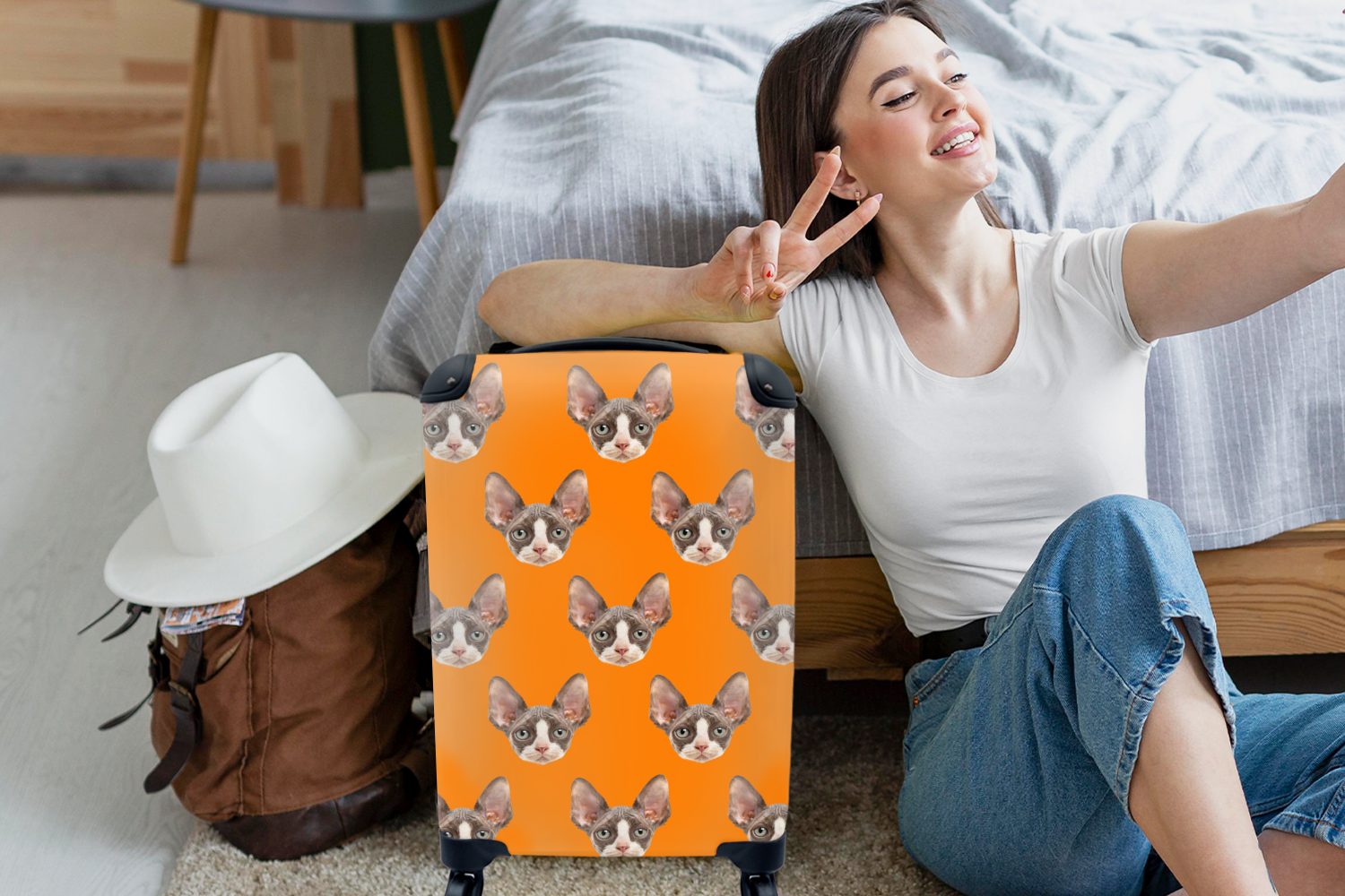 mit 4 Rollen, Katze Trolley, - Muster, für rollen, MuchoWow Handgepäck Ferien, - Reisekoffer Reisetasche Handgepäckkoffer Orange