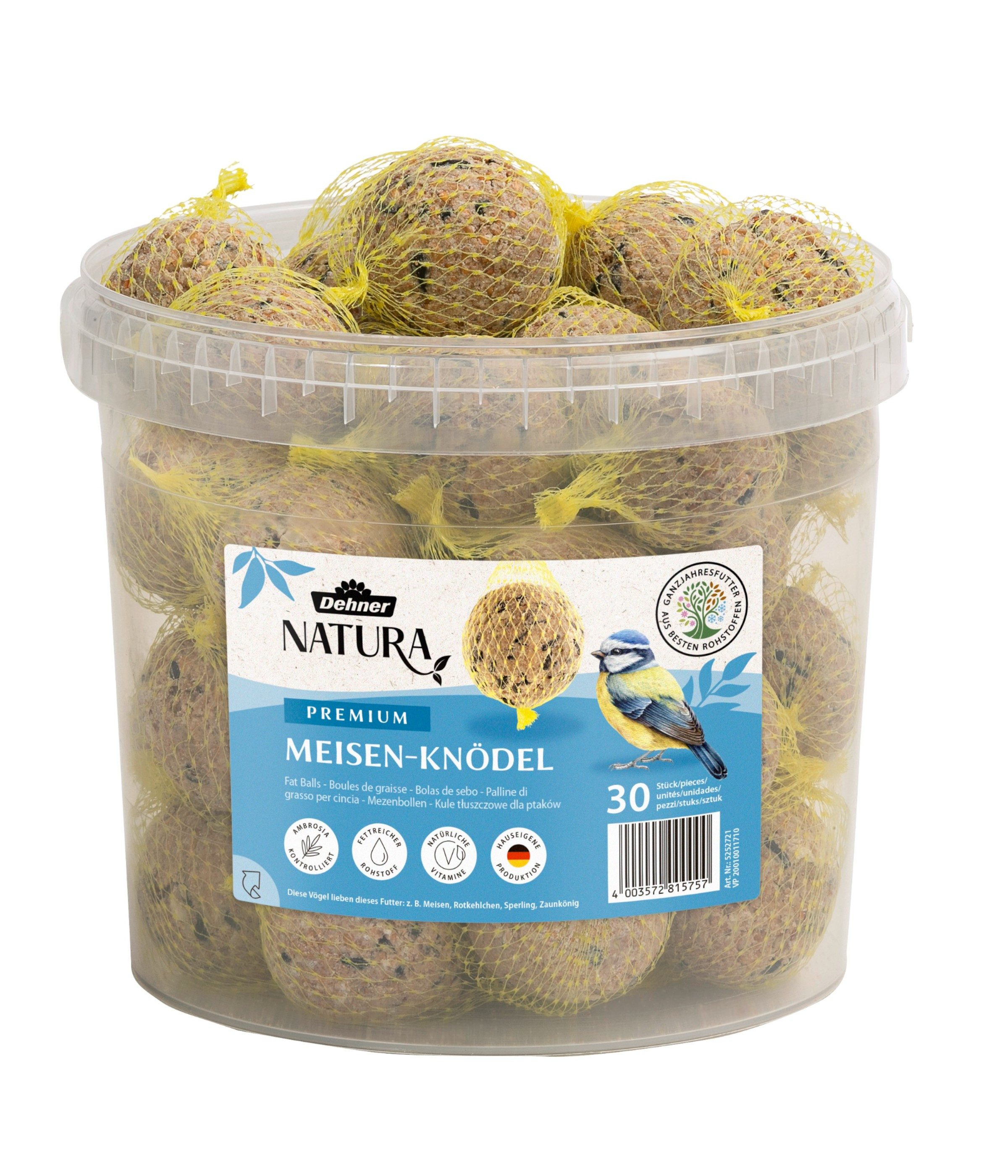 Dehner Natura Große Meisenknödel mit Netz, 30 Stück je 90 Gramm (2.7 kg), Hauptfutter für: Gartenvögel, Wildvogel, im Eimer, Wildvogelfutter zur ganzjährigen Fütterung
