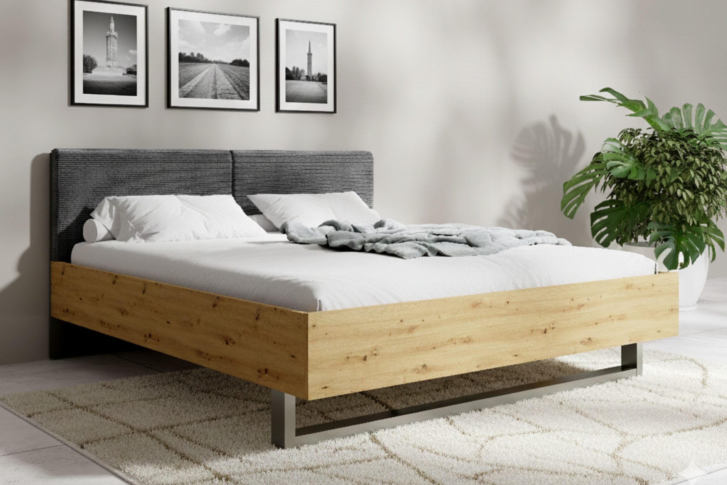 Deine Möbel 24 Bettgestell RON Doppelbett 160x200 / 180x200 cm, modernes Schlafzimmerbett (Set, 1-tlg., stabiles Bett für Schlafzimmer, Teil der RON Möbelserie), Bett mit gepolstertem Kopfteil, Bettgestell in Artisan Eiche / Grau