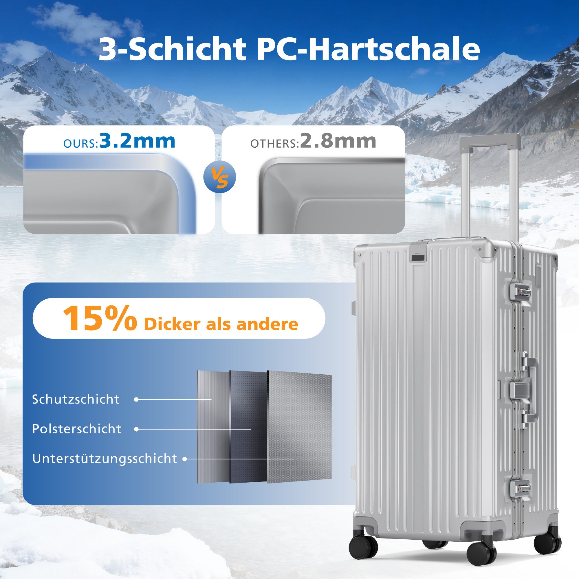ALPHA CAMP Koffer 360° Rollen Rollkoffer für die Reise, Aluminiumrahmen & Hartschale aus Polycarbonat mit TSA-Schloss