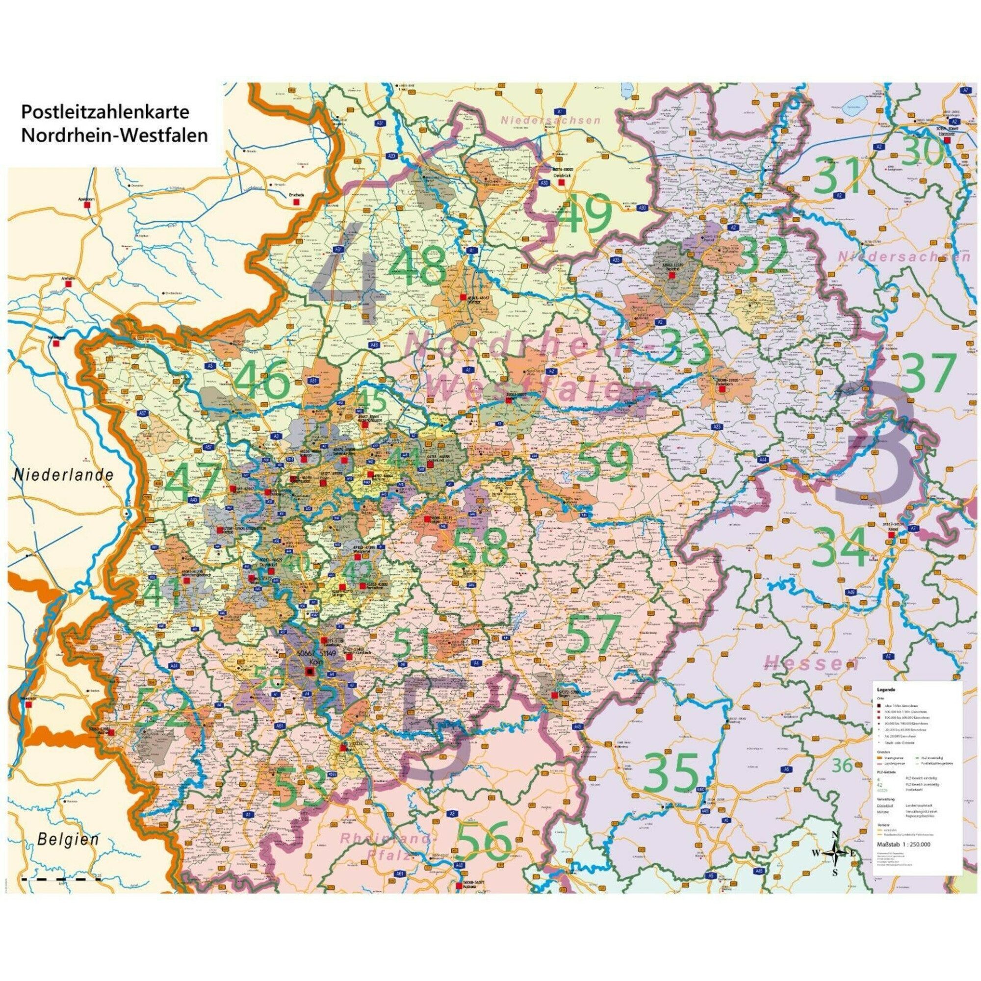 GeoMetro Wandbild GeoMetro Regional-Karte Nordrhein-Westfalen Postleitzahlen PLZ NRW