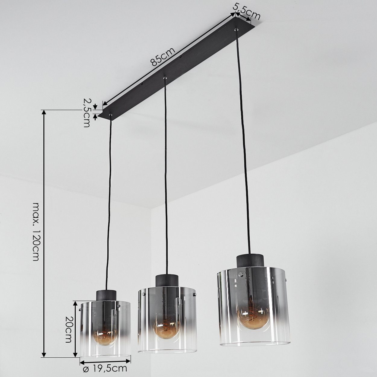 hofstein Pendelleuchte »Riccione« Hängeleuchte aus Metall/Rauchglas in Schwarz/Rauchfarben, ohne Leuchtmittel, Pendellampe mit Schirmen Echtlas/Rauchglas (19, 5 – Bild 4 von 5