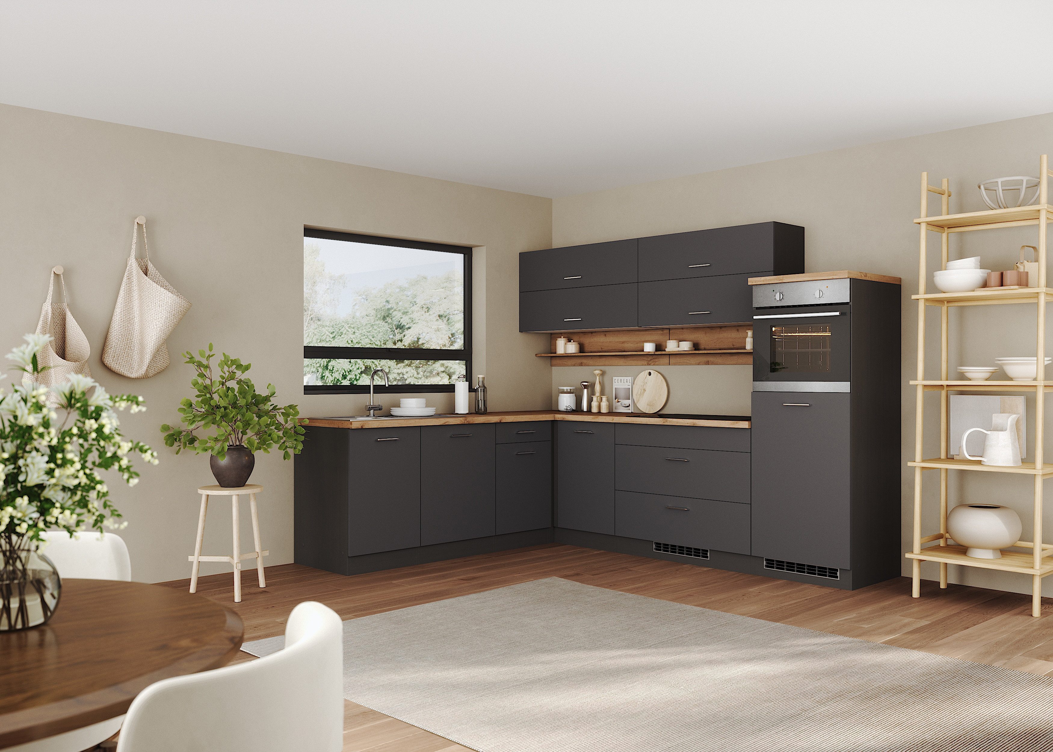 KOCHSTATION Winkelküche KS-Milan, optional mit Muldenlüfter, Stellbr.270/220 cm, wahlweise mit E-Geräten, Kochfeld mit Dunstabzug
