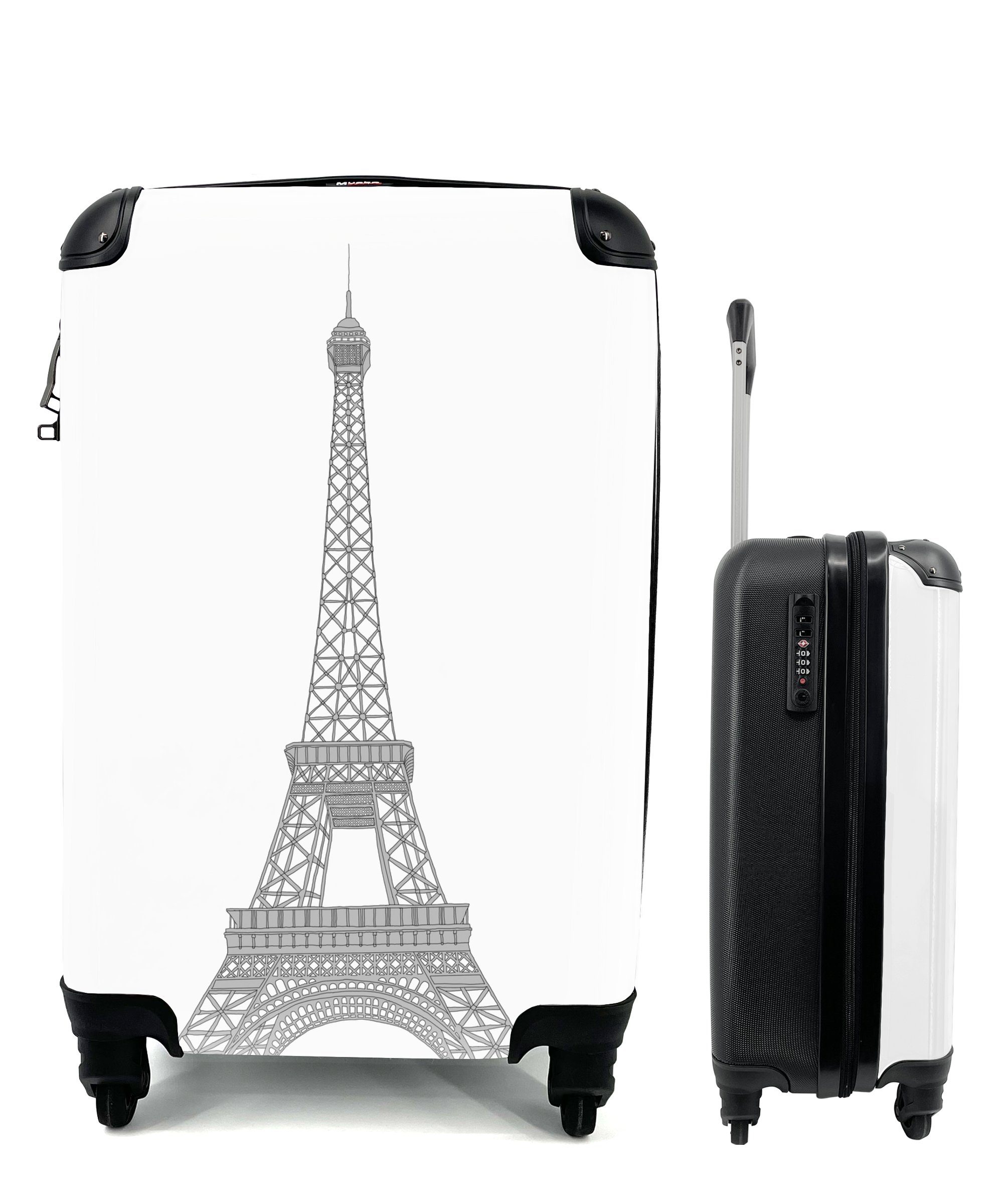 MuchoWow Handgepäckkoffer Eine gräuliche Illustration Eiffelturm, 4 Rollen, Reisetasche mit rollen, Handgepäck für Ferien, Trolley, Reisekoffer