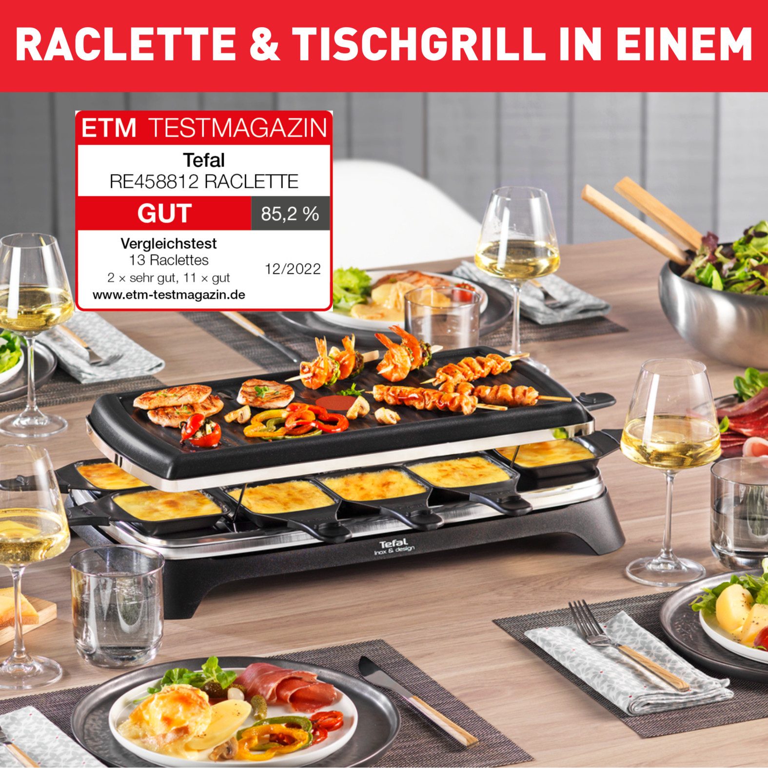 Tefal Raclette Ambiance, inkl. Tischgrill-Funktion, abnehmbares Kabel, 10 Raclettepfännchen, 1350 W, spülmaschinengeeignete Platte, RE4588