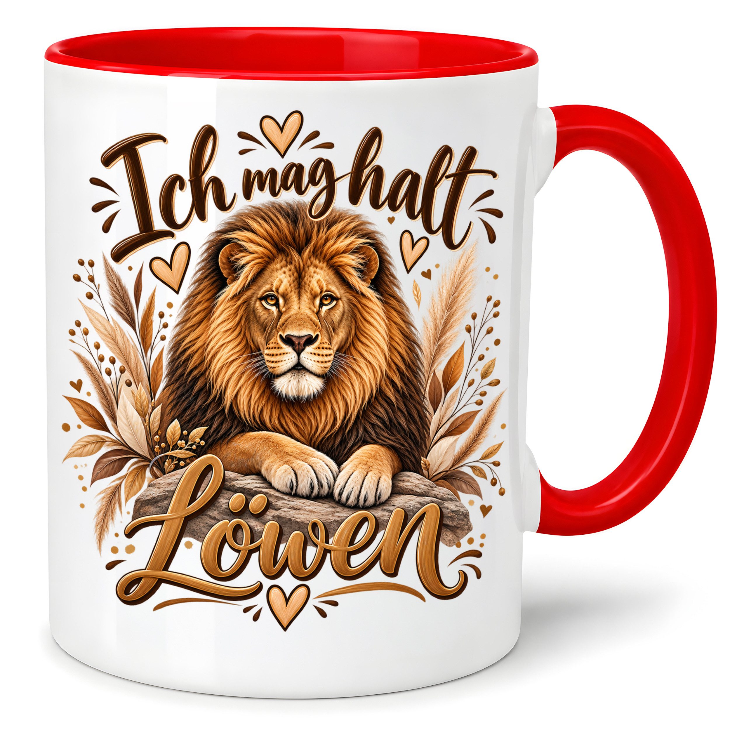Herzbotschaft Tasse Löwe – Ich mag halt Löwen – Geschenk für Löwenfans - Farbwahl 330ml, mit Spruch, beidseitig bedruckt, spülmaschinenfest mikrowellengeeignet