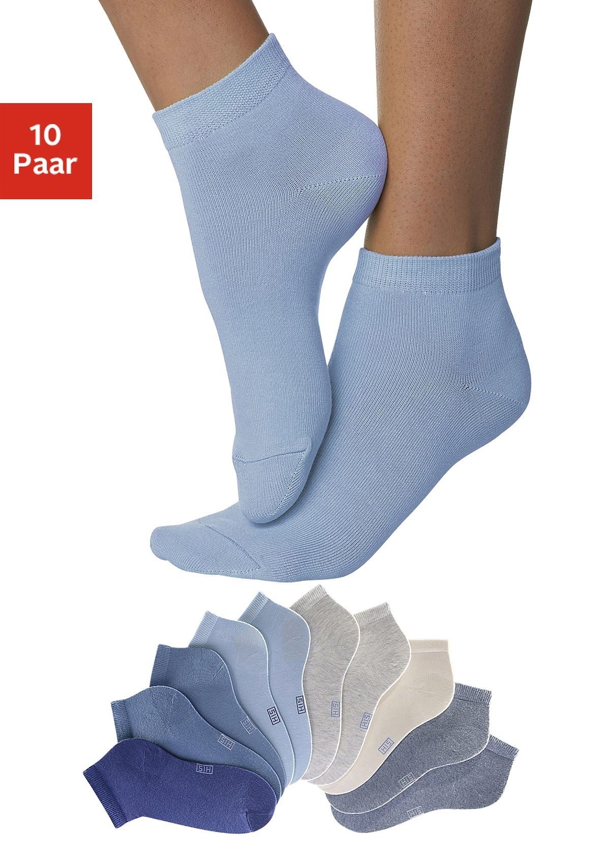 und mit verstärkter blau, grau, hellblau, Spitze (Set, jeans, 10-Paar) weiß Kurzsocken H.I.S Ferse