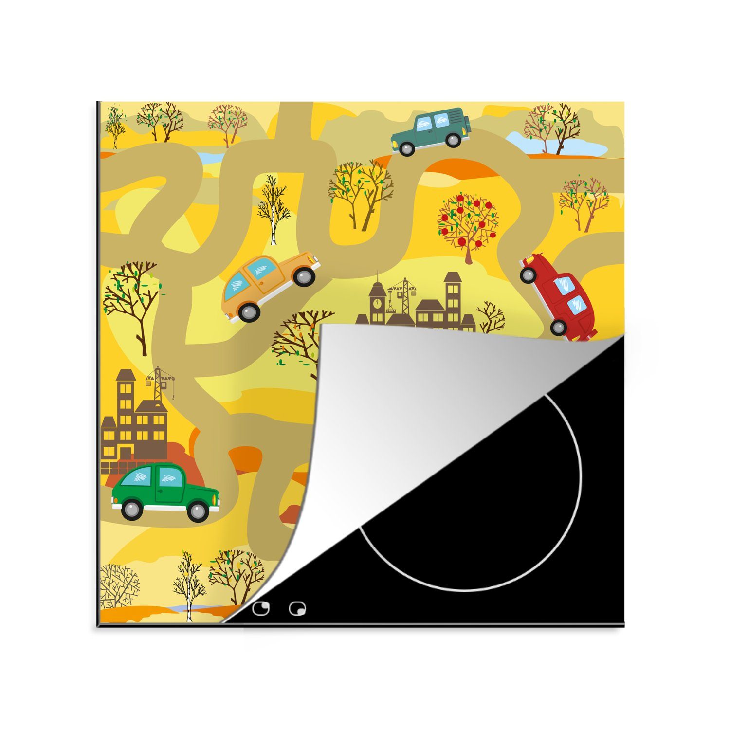MuchoWow Herdblende-/Abdeckplatte Kinder - Wüste - Auto - Straßen, Vinyl, (1 tlg), 78x78 cm, Ceranfeldabdeckung, Arbeitsplatte für küche