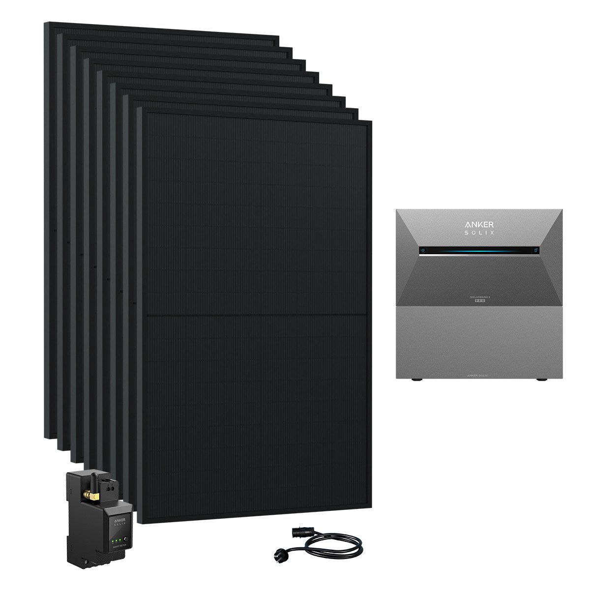 Anker 3600W Solaranlage Anker SOLIX Solarbank 3 E2700 Pro mit Zusatzakkus, (Smart Meter und 8x JASolar 450Wp Full Black im Lieferumfang enthalten), Speicher mit integriertem Wechselrichter, All-in-One 2,668kWh Akku