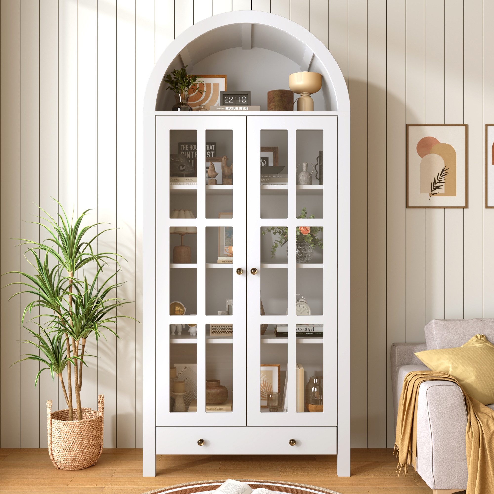 Flieks Hochschrank Bogen-Glasvitrine Mehrzweckschrank mit Acryltüren Landhausstil (Bogenform Vorratsschrank mit verstellbarer Einlegeböden, 1-St., B75/T35/H170, – Bild 2 von 5