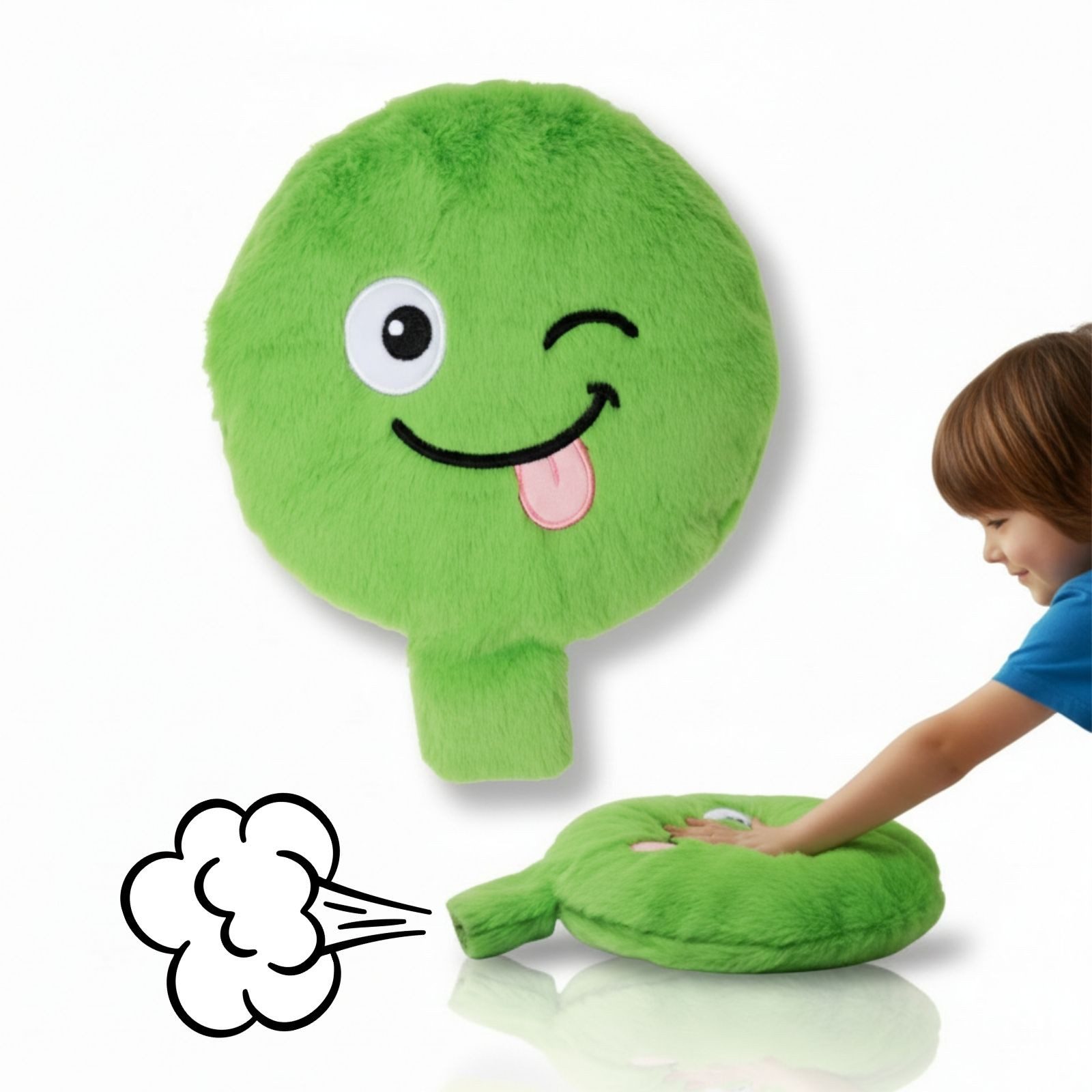 alldoro Kuscheltier XXL Plüsch-Furzkissen Bravey, großes Pupskissen in Grün mit Pups-Sound, mit Gesicht, animiert zum Lachen & Reden über Gefühle, für Kinder ab 3