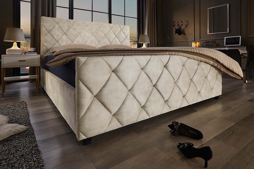 riess-ambiente Boxbett ELYSIUM 160x200cm champagner/beige – Samt, mit Bettkasten & Kopfteil (Einzelartikel, 1-St), Kingsize, Stauraum unter der Liegefläche, elegante Ziersteppung