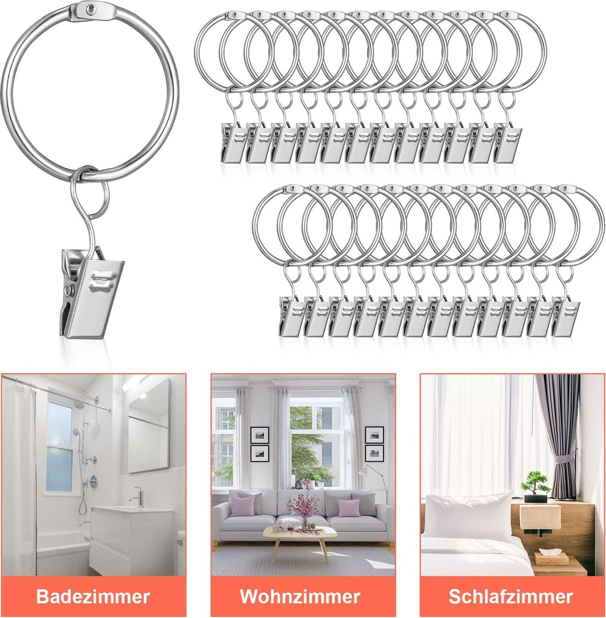 FELIXLEO Gardinenring Metall Vorhangringe Gardinenringe mit Clips Ringe, (25-St) – Bild 4 von 4