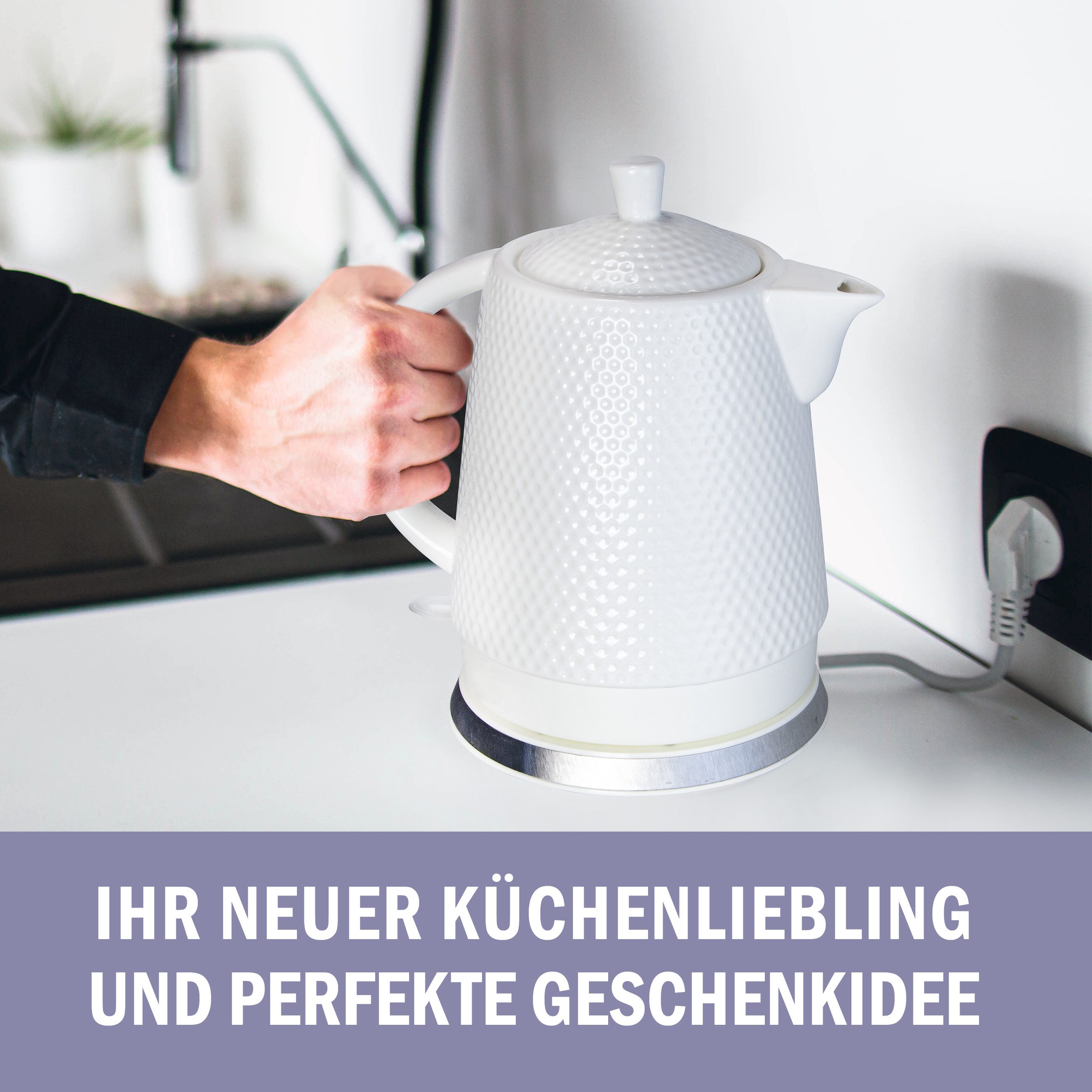 KVOTA Wasserkocher elektrisch,Keramik "Weißer Schwann" Noppen-Design, 1.5 l, 1500,00 W, Smartes-Keramik-Design