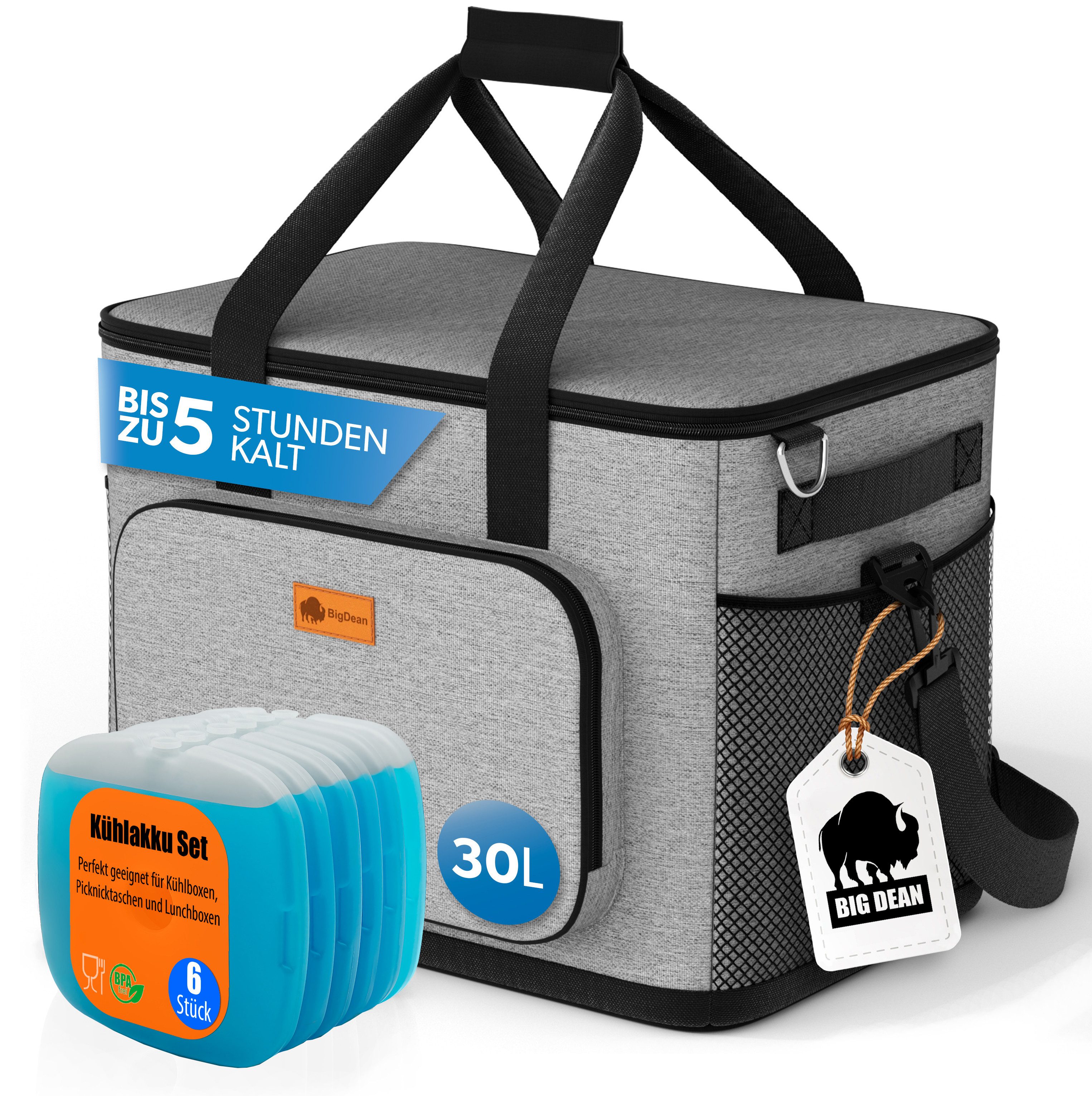 BigDean Thermobehälter Kühltasche groß 30L + 6 Mini Kühlakkus perfekt als Picknicktasche, Oxford Gewebe. Kunststoff. Metall, (Set, 1-tlg., Kühltasche + Akkus), Isoliert