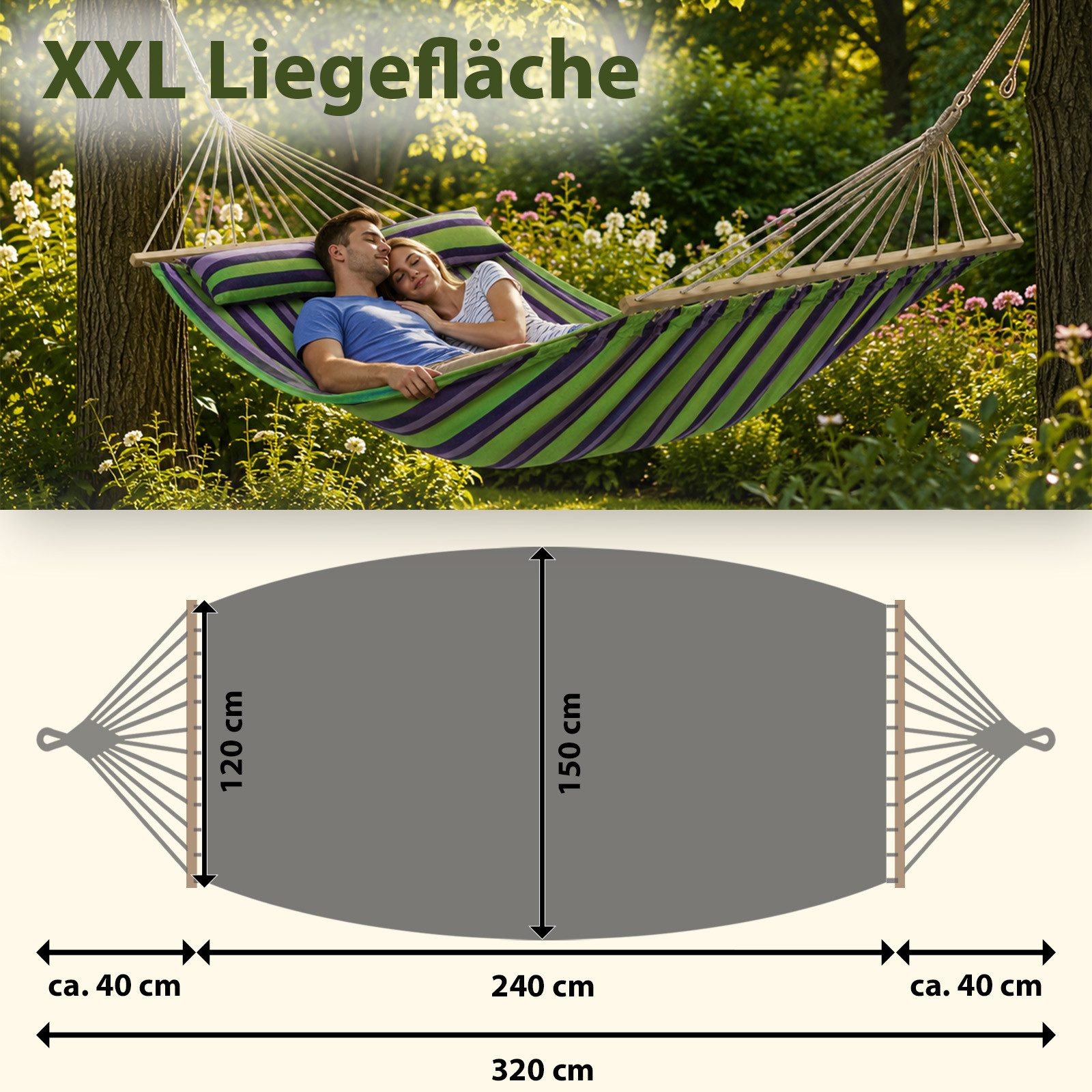BB Sport Stabhängematte Stabhängematte 240 x 150 cm inkl. 2 Kissen für 2 Personen