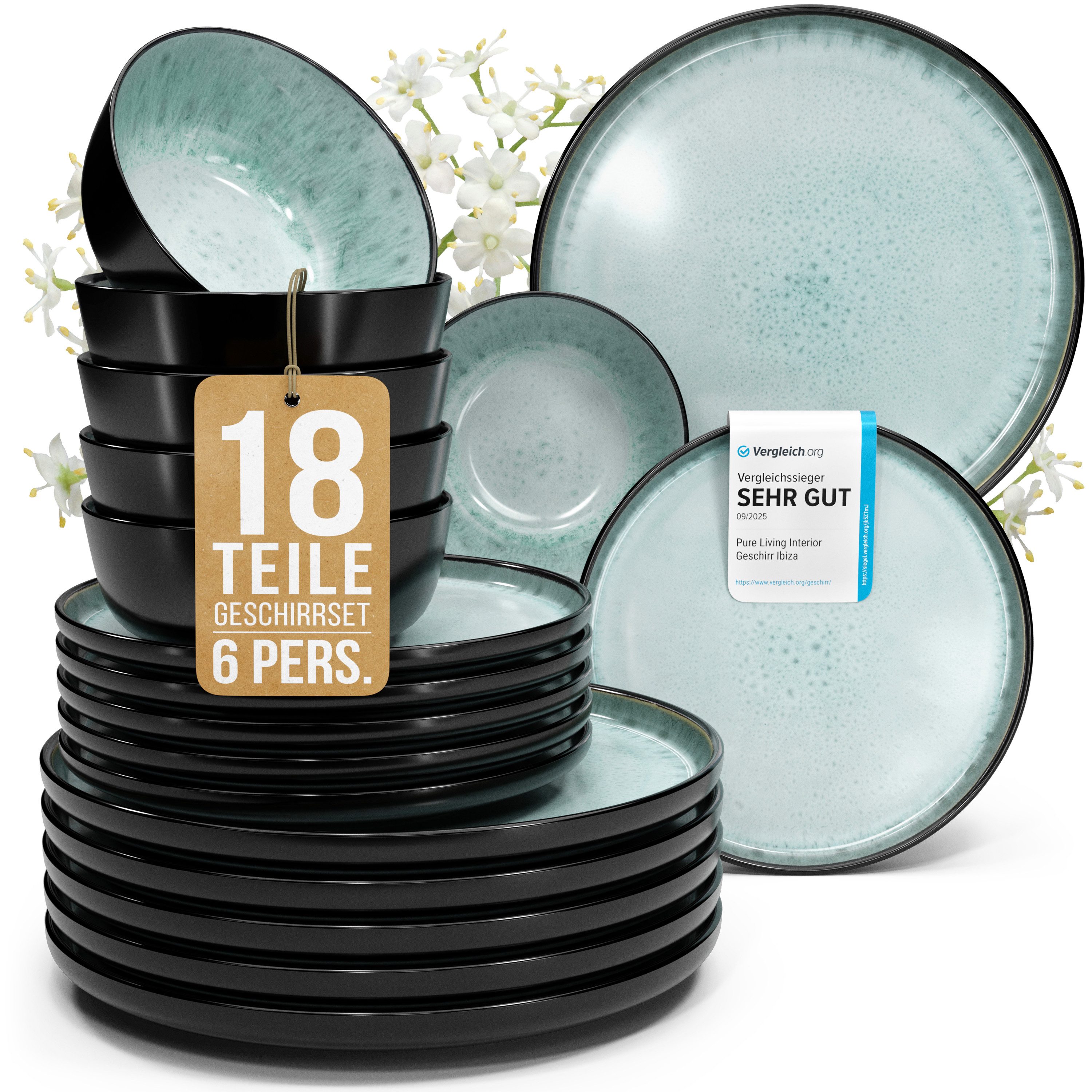 PURE LIVING INTERIOR DESIGN Geschirr-Set Pure Living »Ibiza« (18-tlg), 6 Personen, Steingut, Salbeigrün, 6 Personen, Steingut, Mediterrane Handwerksoptik, Reaktive Glasur – jedes Stück einzigartig…