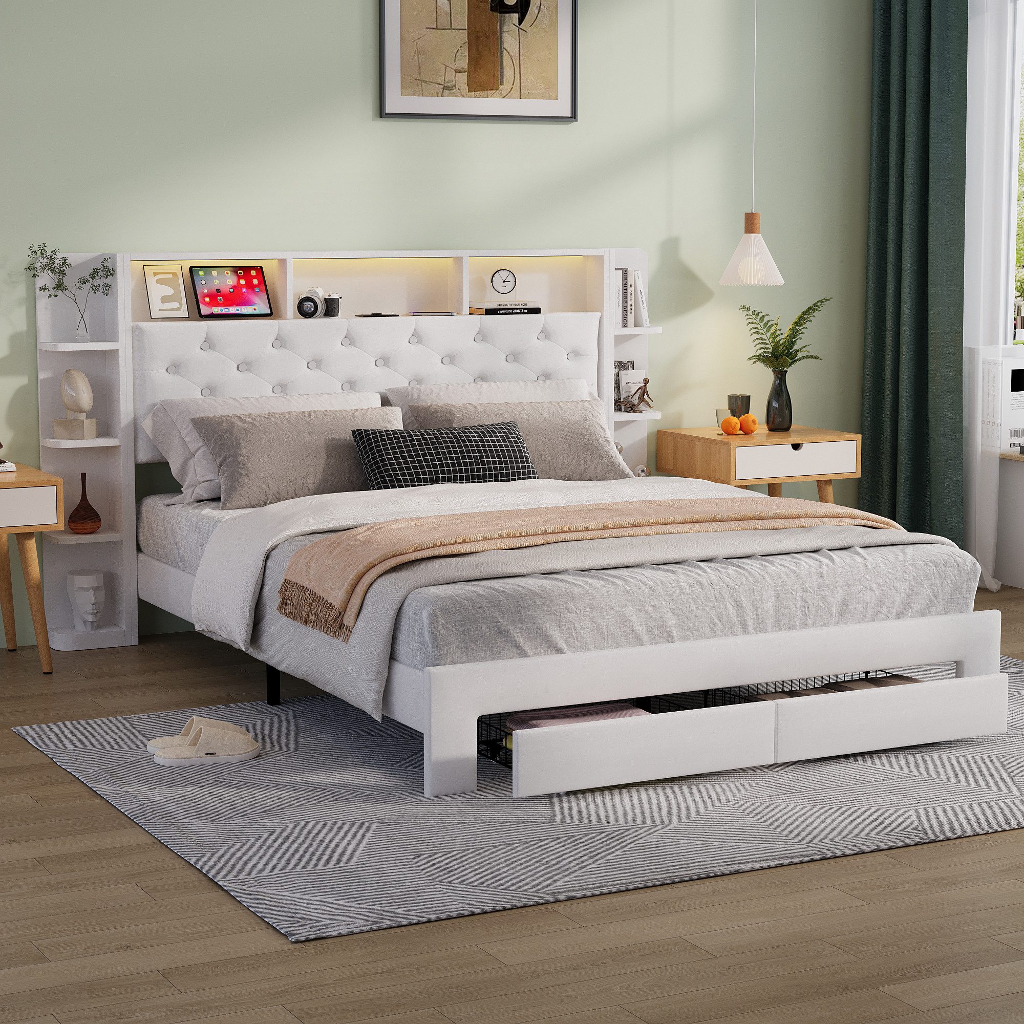 Gdood Stauraumbett Polsterbett Doppelbett LED, 140x200/160x200 cm (1-tlg., Kostenloser integrierter Nachttisch, mit 2 Schubladen), Mit LED-Beleuchtung, Ladefunktion, Samtstoff