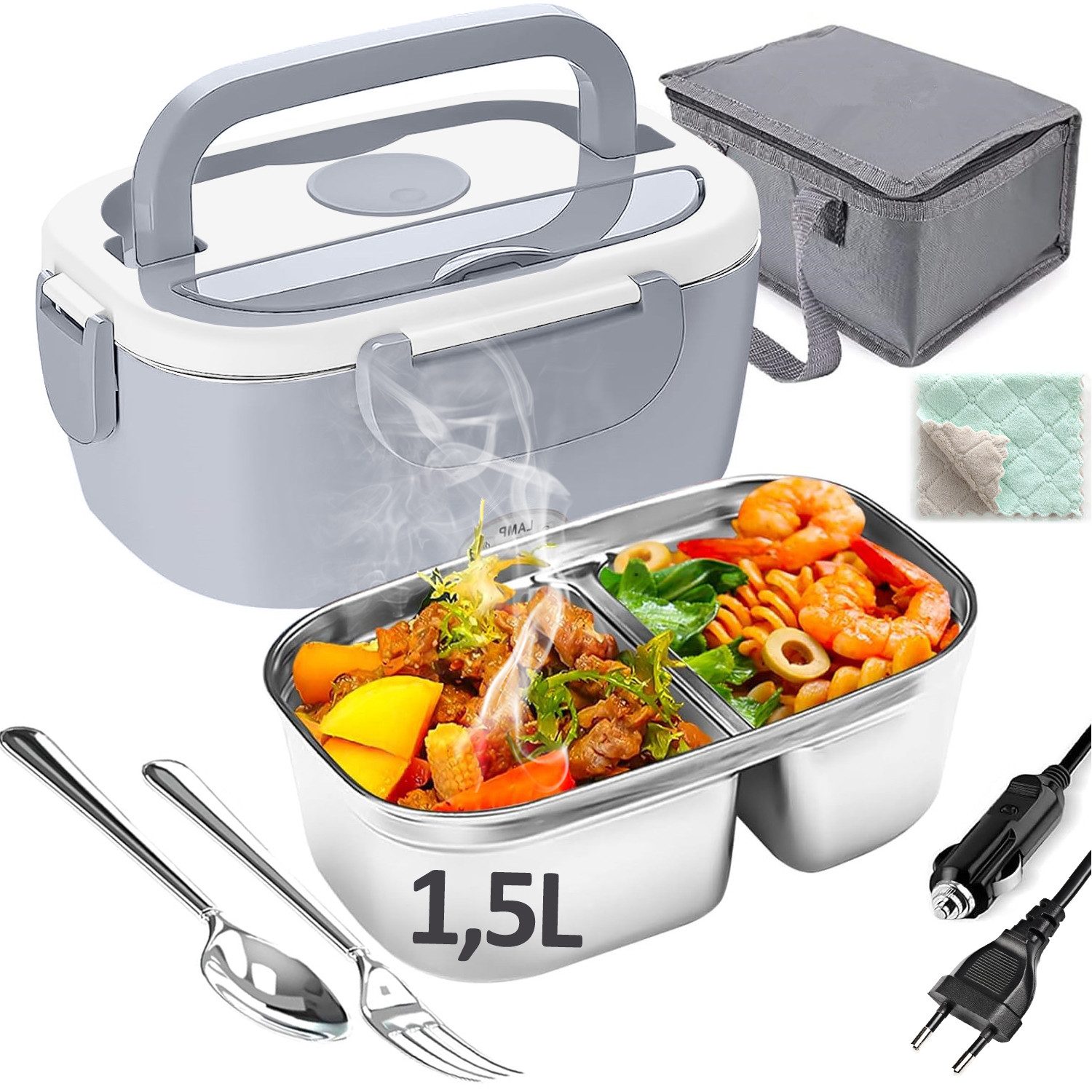 MOPUEA Elektrische Lunchbox 3 in 1 Elektrische Lunchbox, Lunchbox Brotdose aus Edelstahl, (isolierte Lunchbox für Zuhause und Auto)