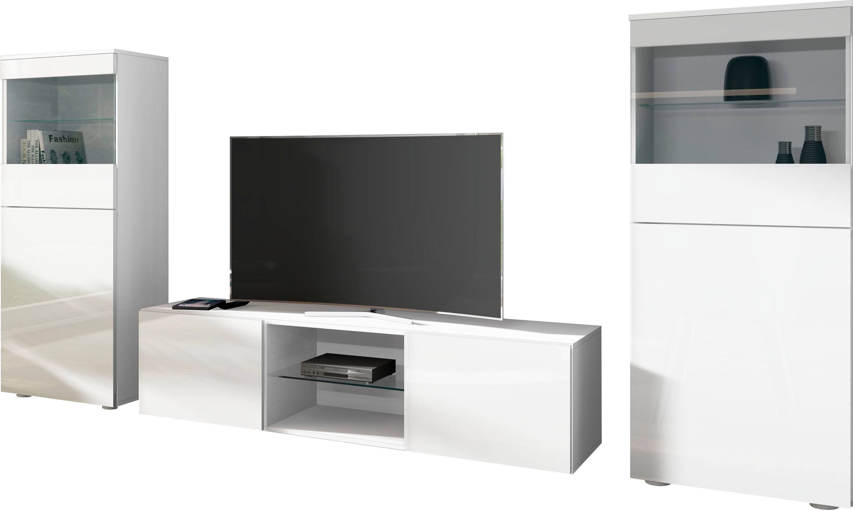 borchardt Möbel Wohnwand Scala, Mediawand 3-teilig mit 2 Vitrinen und Lowboard, Mit Griffen oder Push-to-open-Systemen, Fronten matt oder glänzend