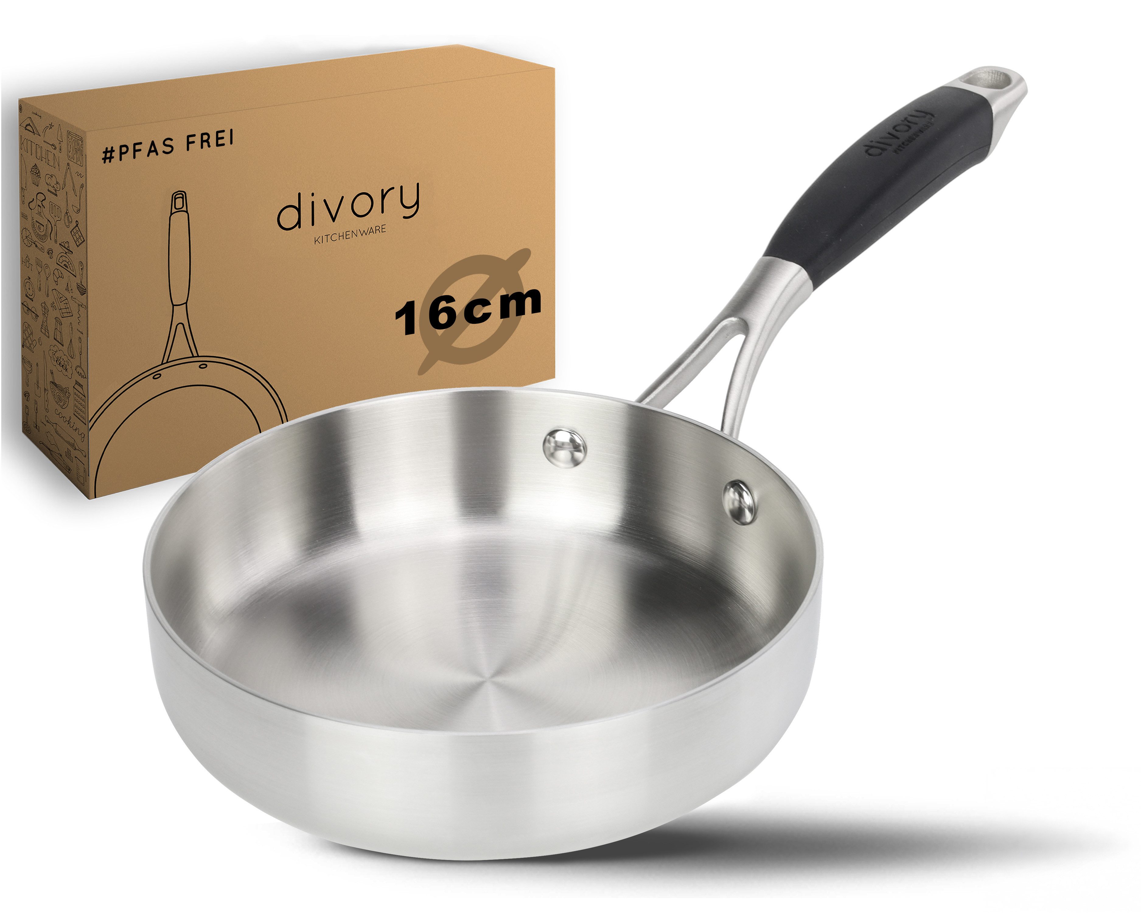 divory Bratpfanne Edelstahlpfanne unbeschichtet, Induktionsgeeignet, für alle Herdarten, Edelstahl