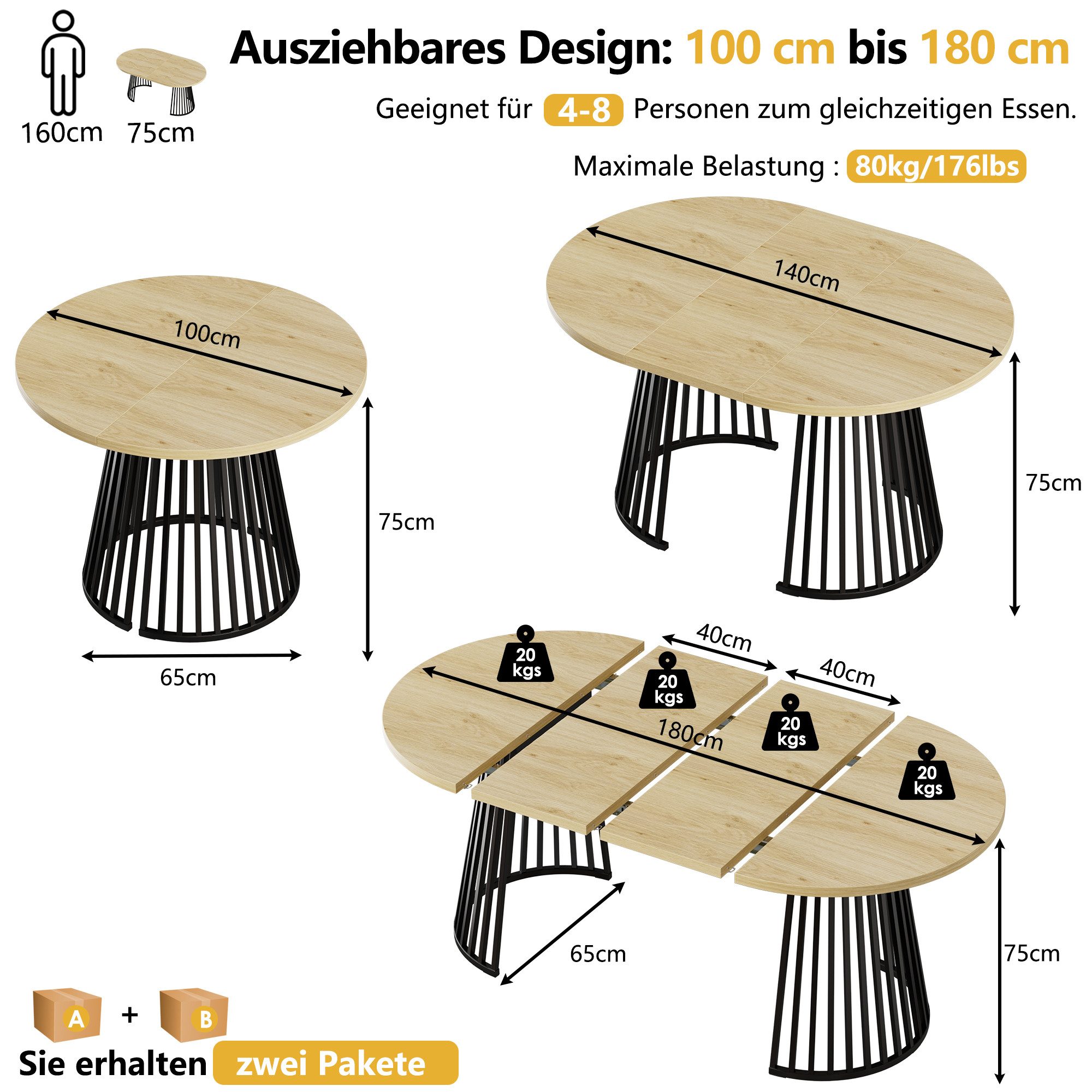 TWSOUL Esstisch Rund/Oval ausziehbar 100–140–180 cm, 4–8 Personen, 2 Einlegeplatten, Loft-Stil Küchentisch, Saulengestell mit Rillenstruktu Metallbeinen