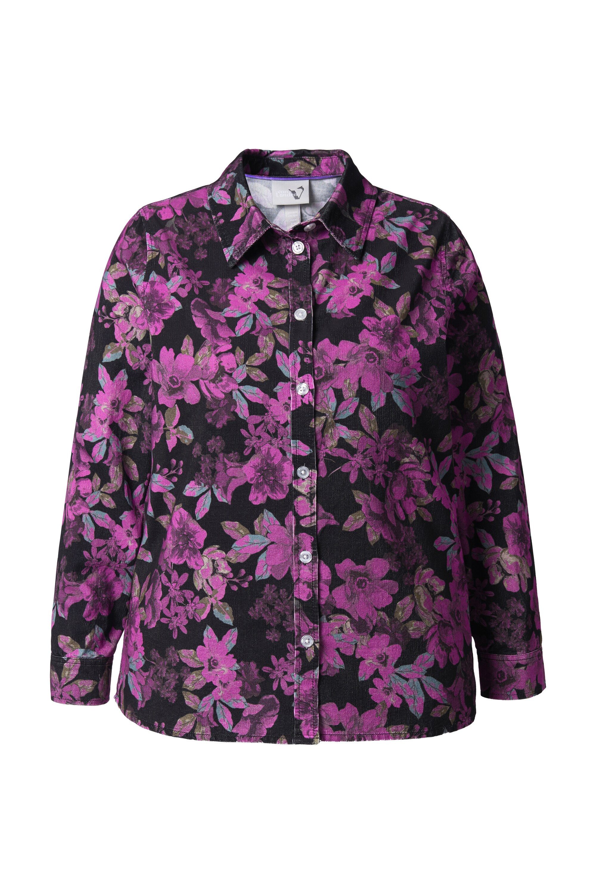 Ulla Popken Hemdbluse Cordbluse floraler Druck Hemdkragen Langarm