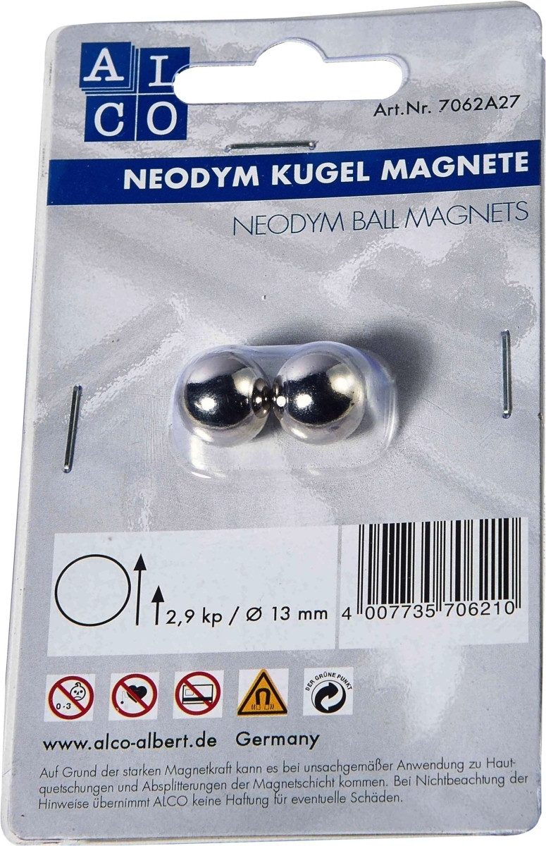 ALCO Magnet Kugelmagnet Neodoym Neodym (Nd) 13mm TG 2900 g silber VE=2 Stück
