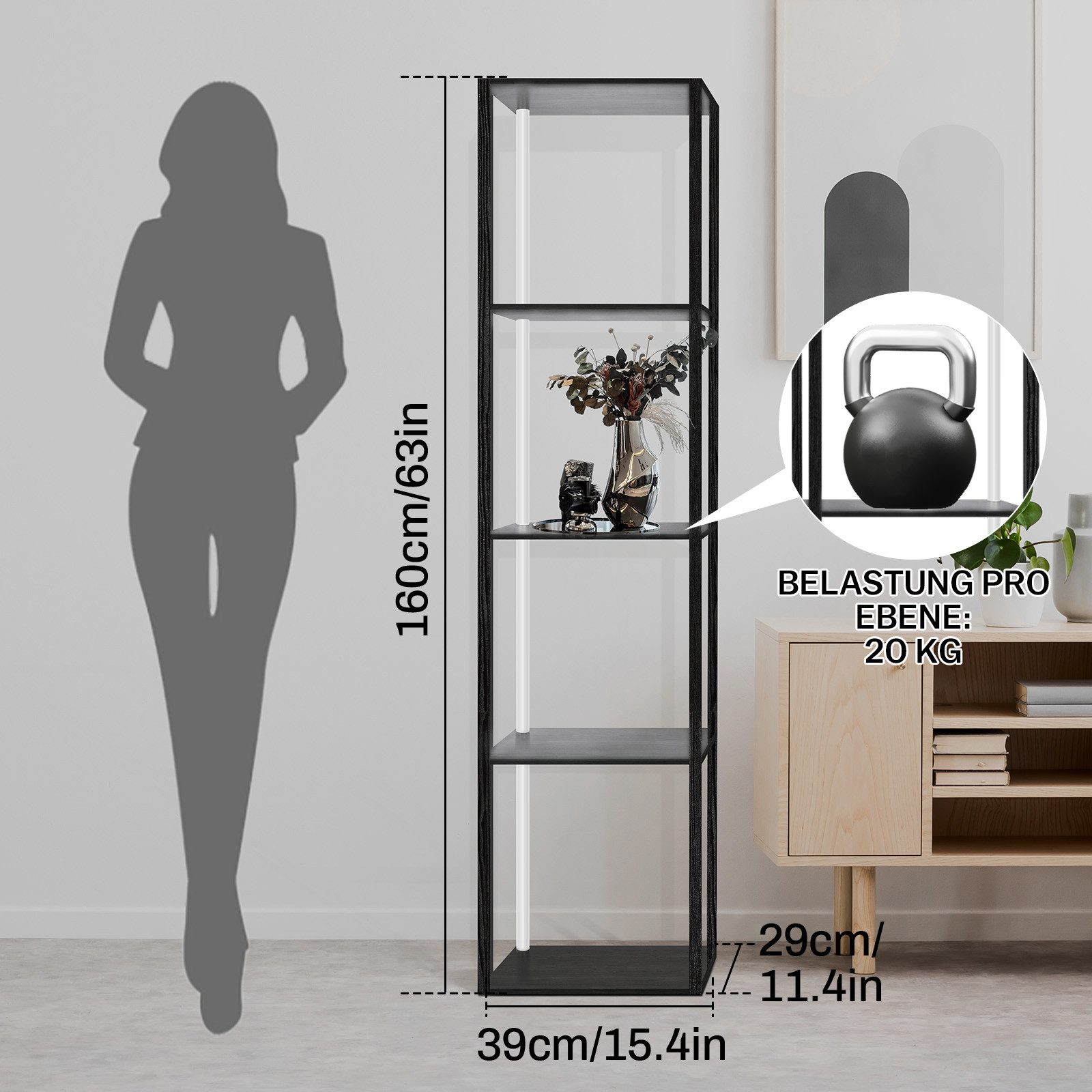 XIIW Standregal LED Dimmbar Bücherregal Standleuchte Sammlervitrine Stehend Eckregal, 5 Ebenen 160x39x29cm Einstellbarer LED-Beleuchtung, Holz Stehlampe für Bür – Bild 2 von 5