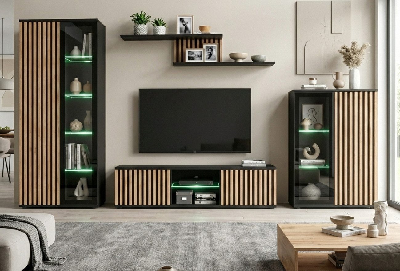 Furn.Design Wohnwand Morgan, (in schwarz matt mit Eiche Lamellen, 4-St., 35 günstig online kaufen