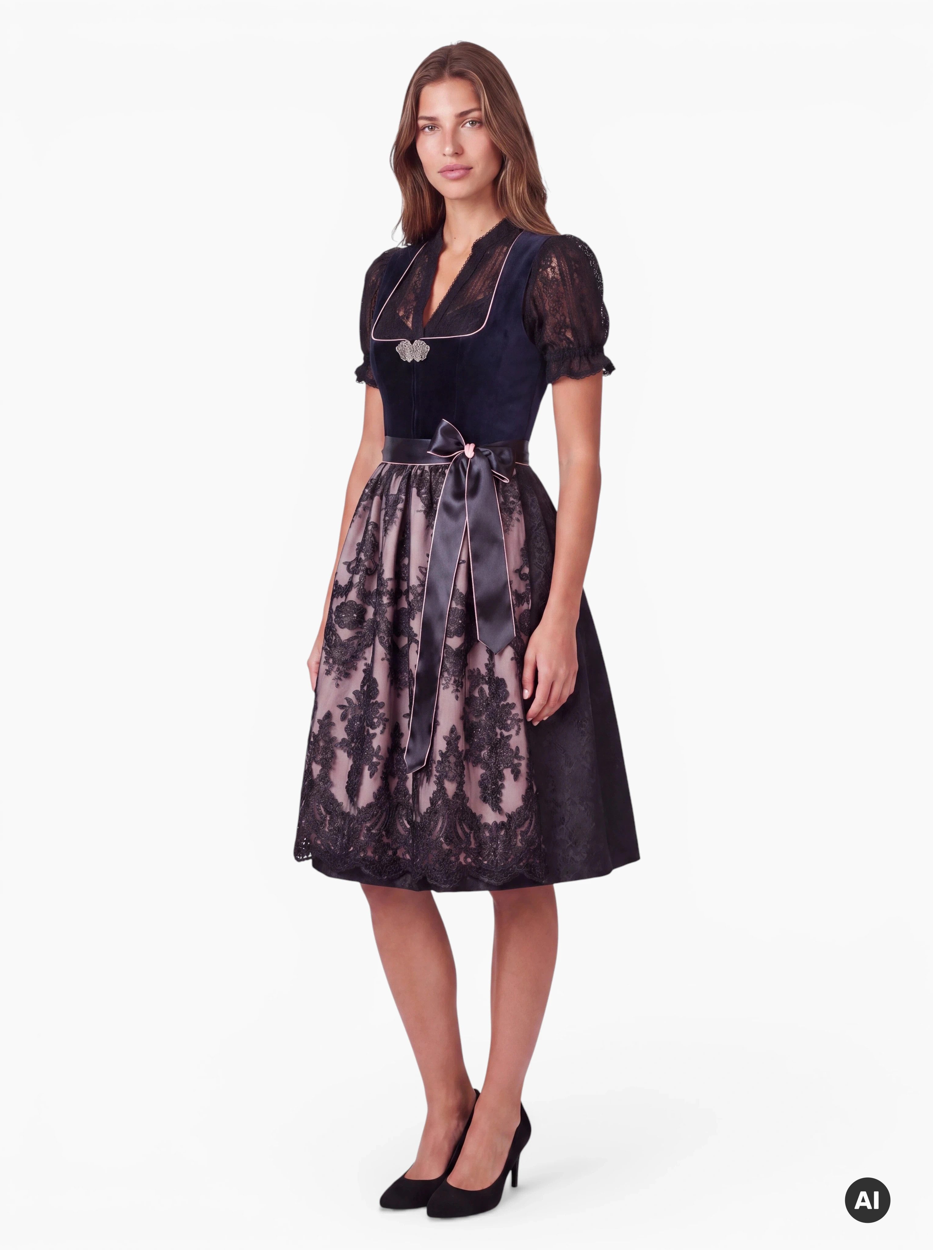 Moschen-Bayern Dirndl Sarah Midi Dirndl 70 cm Rock mit Samtmieder und Spitzenschürze