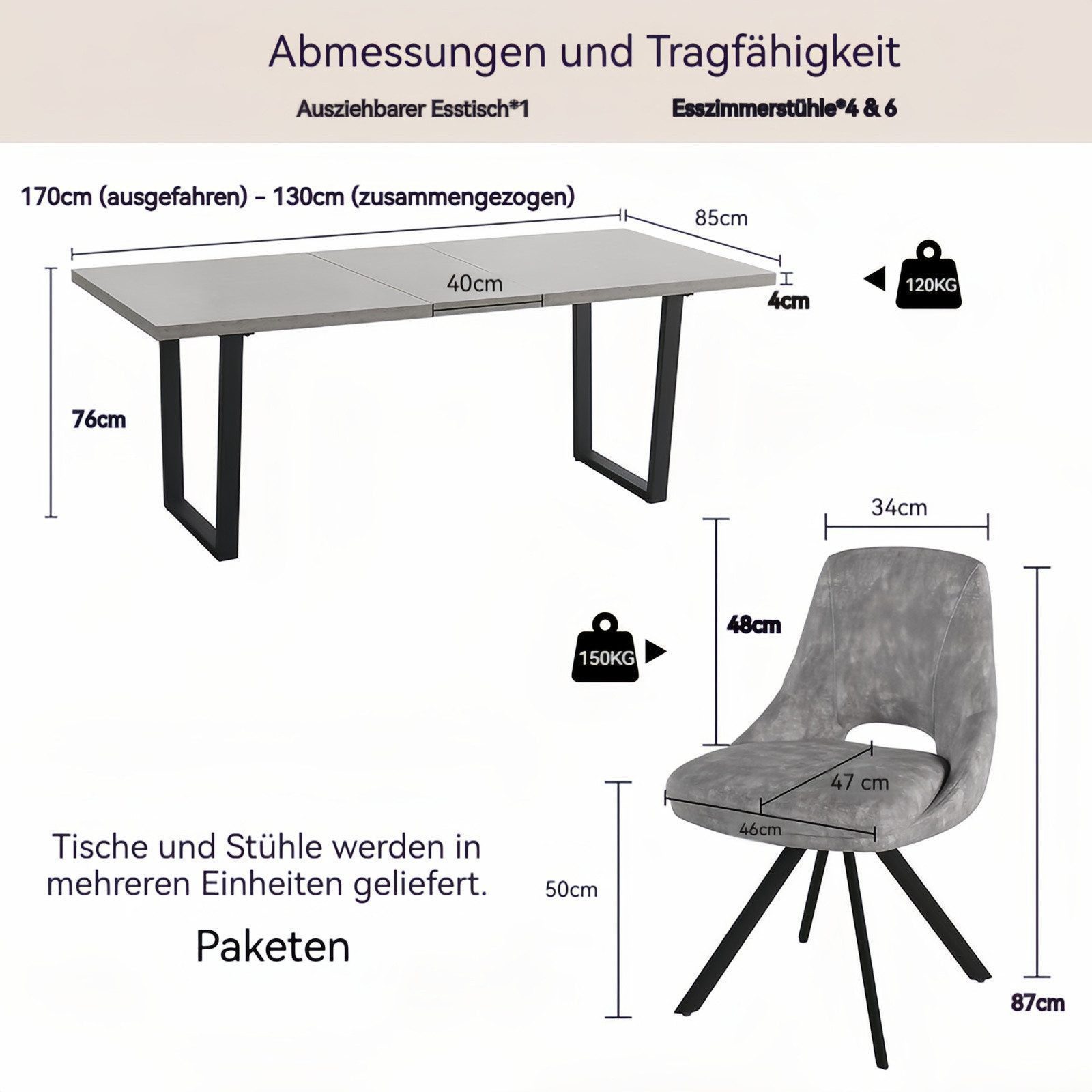 Jiexi Essgruppe Tisch-und Stuhlset, Ausziehbarer Esstisch (130–170 cm) mit 4-6 Stühlen – Bild 3 von 5