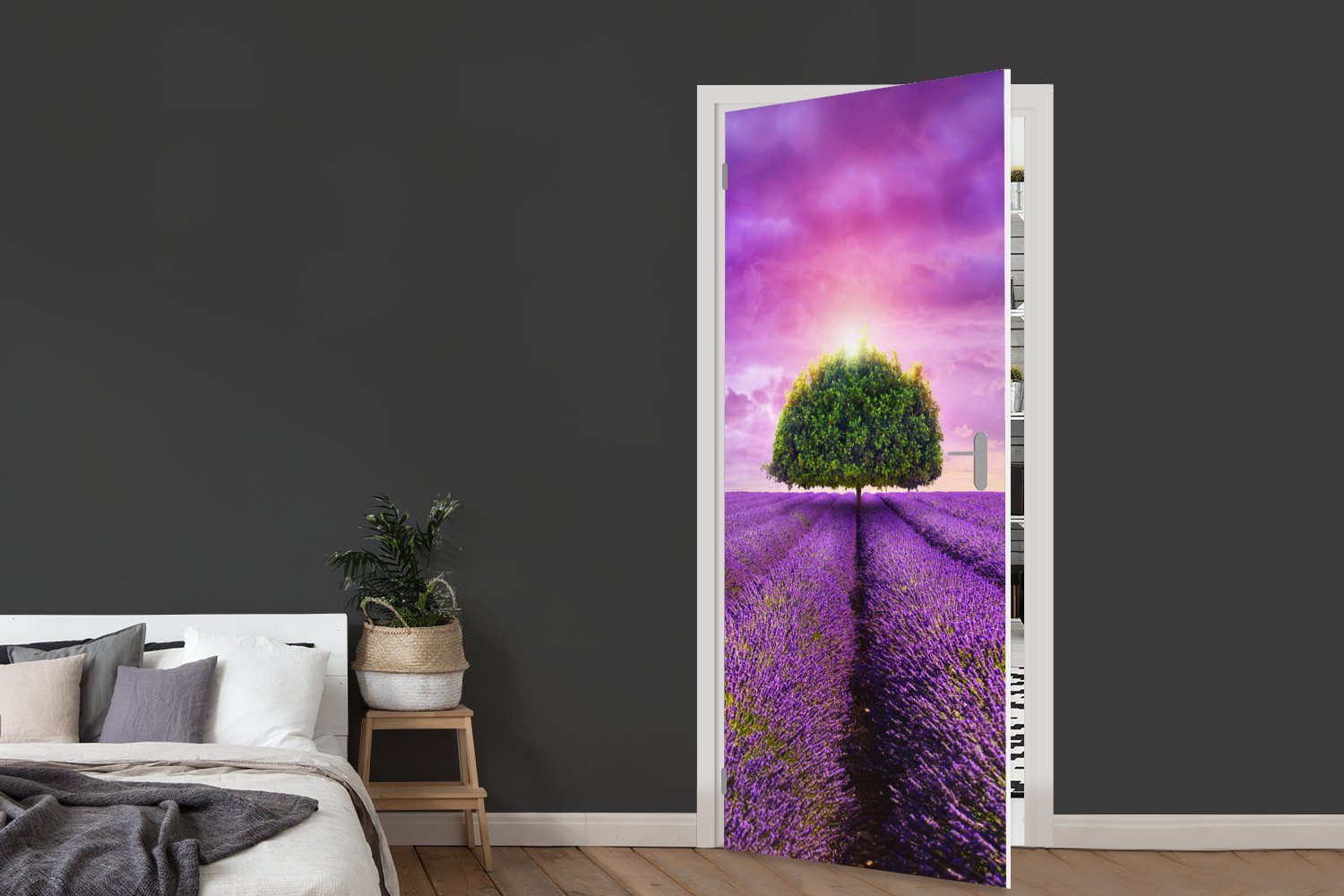 MuchoWow Türtapete Lavendel - cm bedruckt, für 75x205 Wolken, Lila Tür, Baum - Fototapete (1 Matt, Türaufkleber, St), 