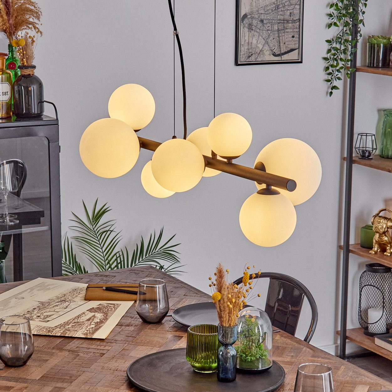 hofstein Pendelleuchte Hängelampe aus Metall/Glas in Schwarz/Weiß, ohne Leuchtmittel, Hängeleuchte im Retro/Vintage-Design mit Glasschirmen, 10 x G9