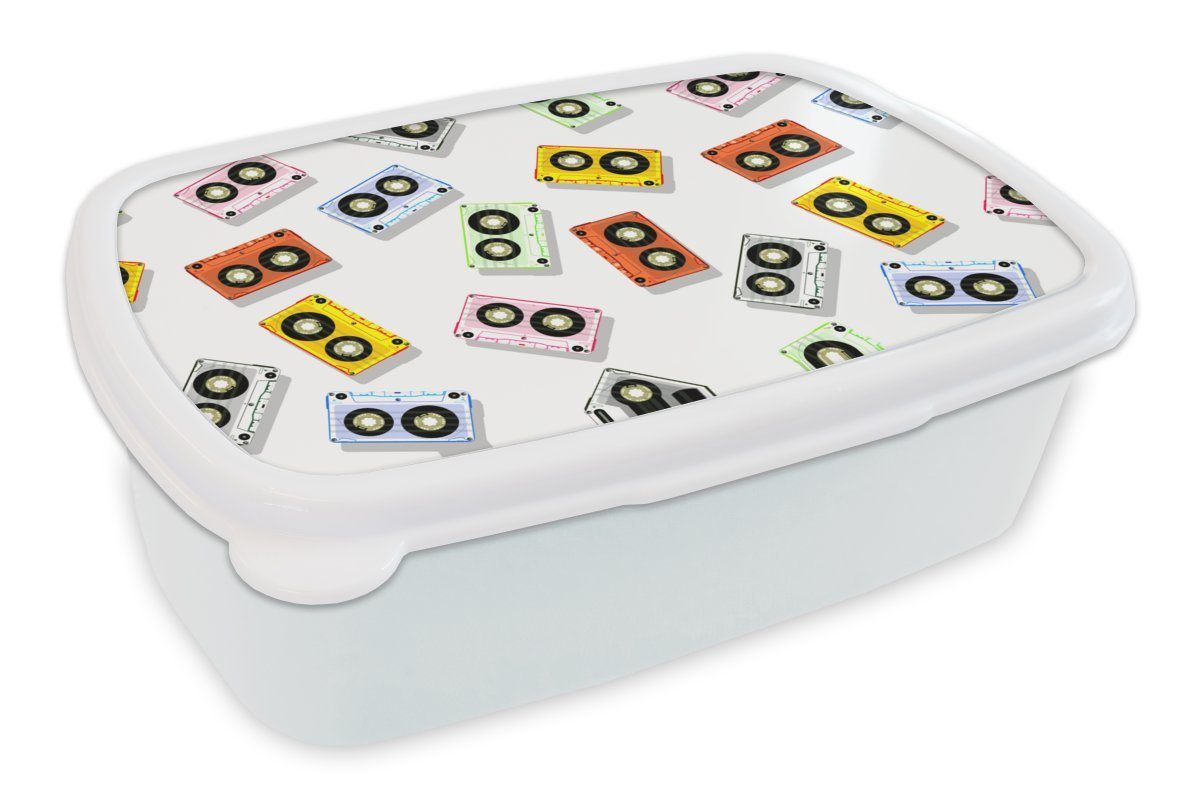MuchoWow Lunchbox Heranwachsende - Kassette - Musik - Muster, Kunststoff, (2-tlg), Brotbox für Kinder und Erwachsene, Brotdose, für Jungs und Mädchen weiß