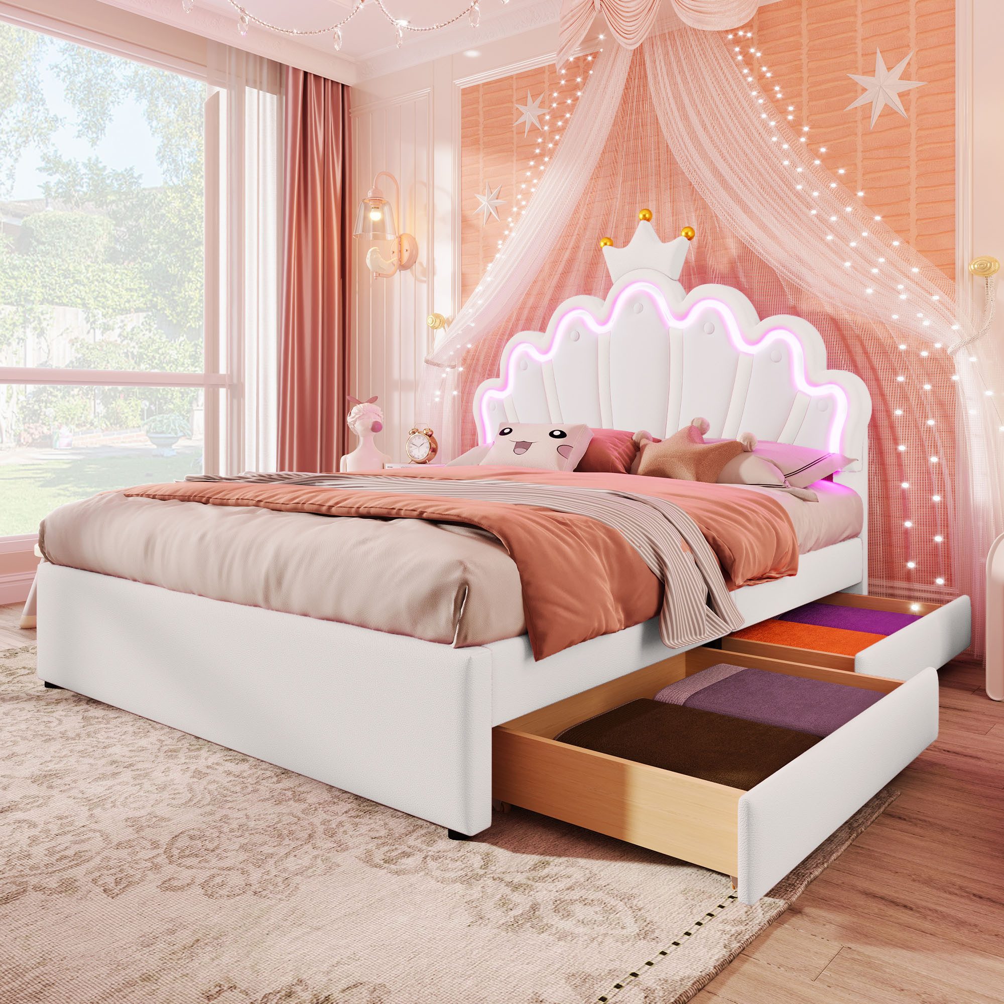 Ulife Polsterbett Funktionsbett kronenförmiges Prinzessinnenbett mit 2 Schu günstig online kaufen