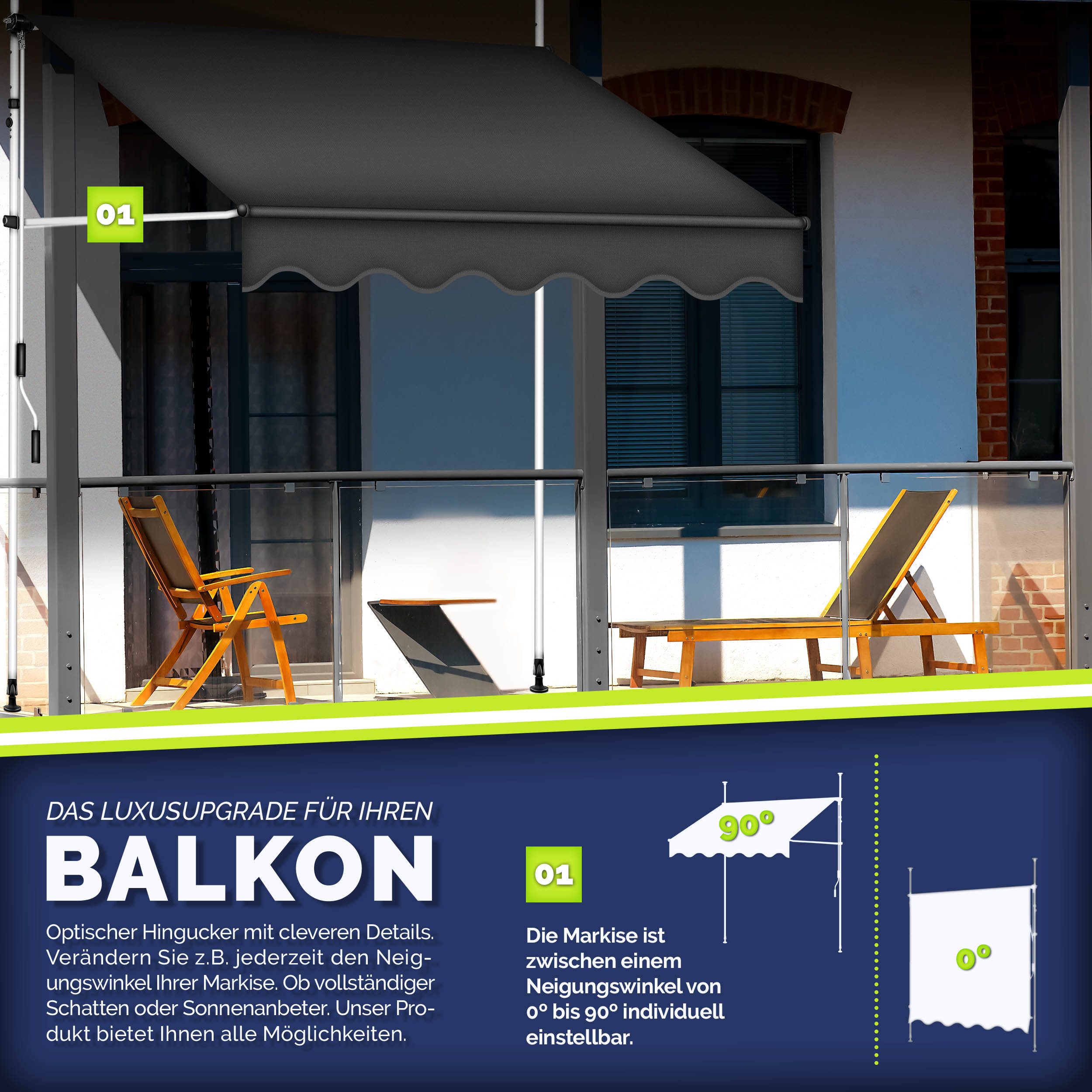tillvex Klemmmarkise Balkonmarkise ohne Bohren, Markise mit Handkurbel & höhenverstellbar Sonnenschutz UV-beständig & wasserdicht – Bild 3 von 5