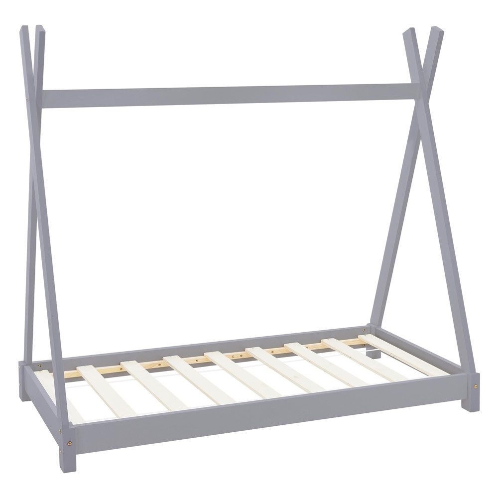 ML-DESIGN Spielbett Hausbett Tipi Zeltbett inkl. Lattenrost Bodenbett Kinder Himmelbett, Abenteuerbett zum Spielen Zelt Kinderbett Kiefer Bettenhaus Bett Grau