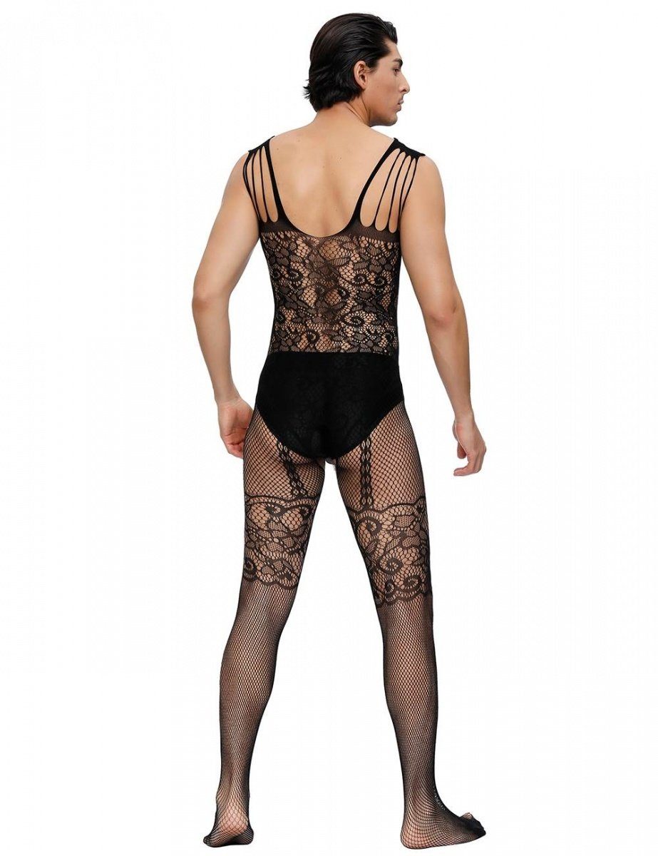 Lau-Fashion Lange Unterhose Bodystocking Catsuit Spitze Transparenz Reizwäsche Strapse Träger S/L