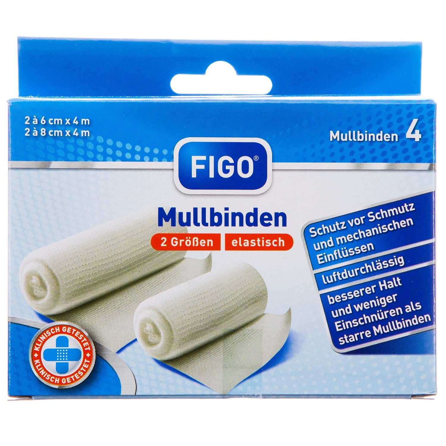 FIGO Bandage Mullbinden 4er in Faltschachtel (Set, 4-tlg., Mullbinden), Mullbinde Fixierbinde Bandage Komfortverband