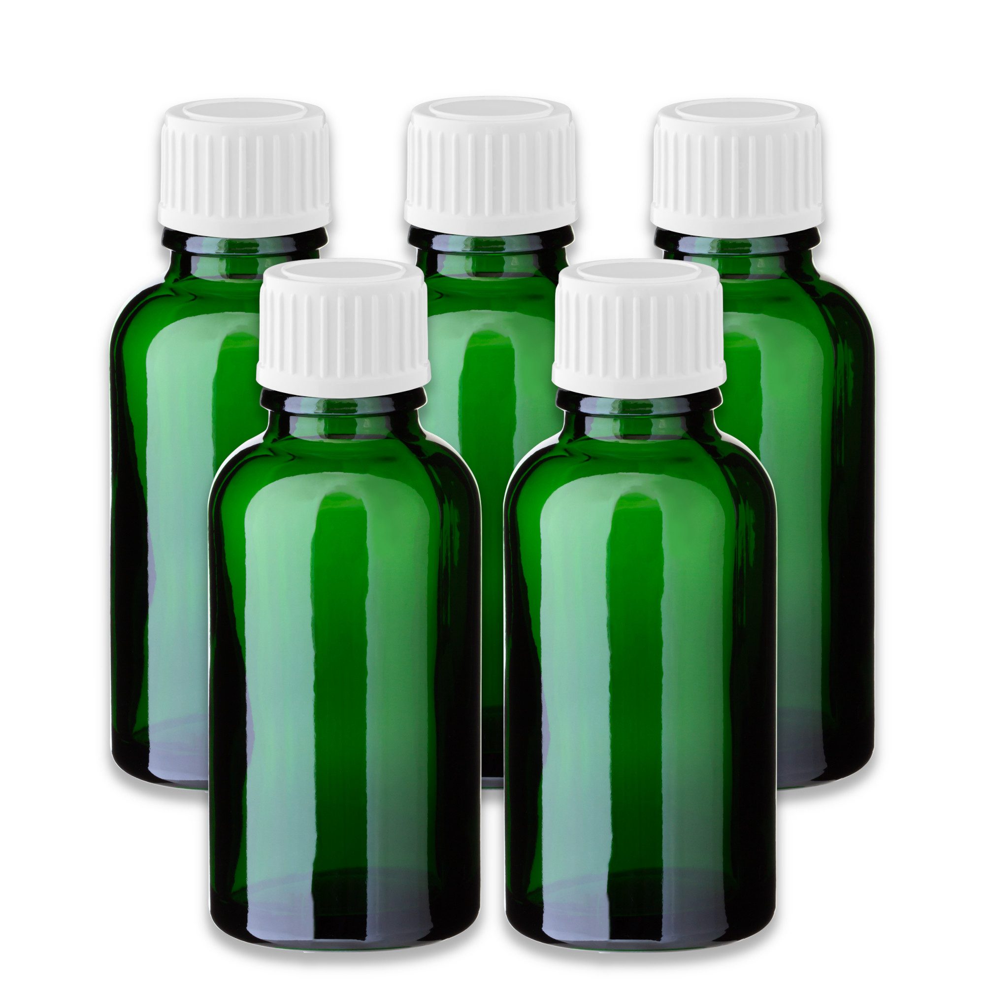 CK Verpackung GmbH Leerglas 5x Grüne Glasflasche 30 ml mit weißem PP-Schraubverschluss Kappe Leer (Set x5)