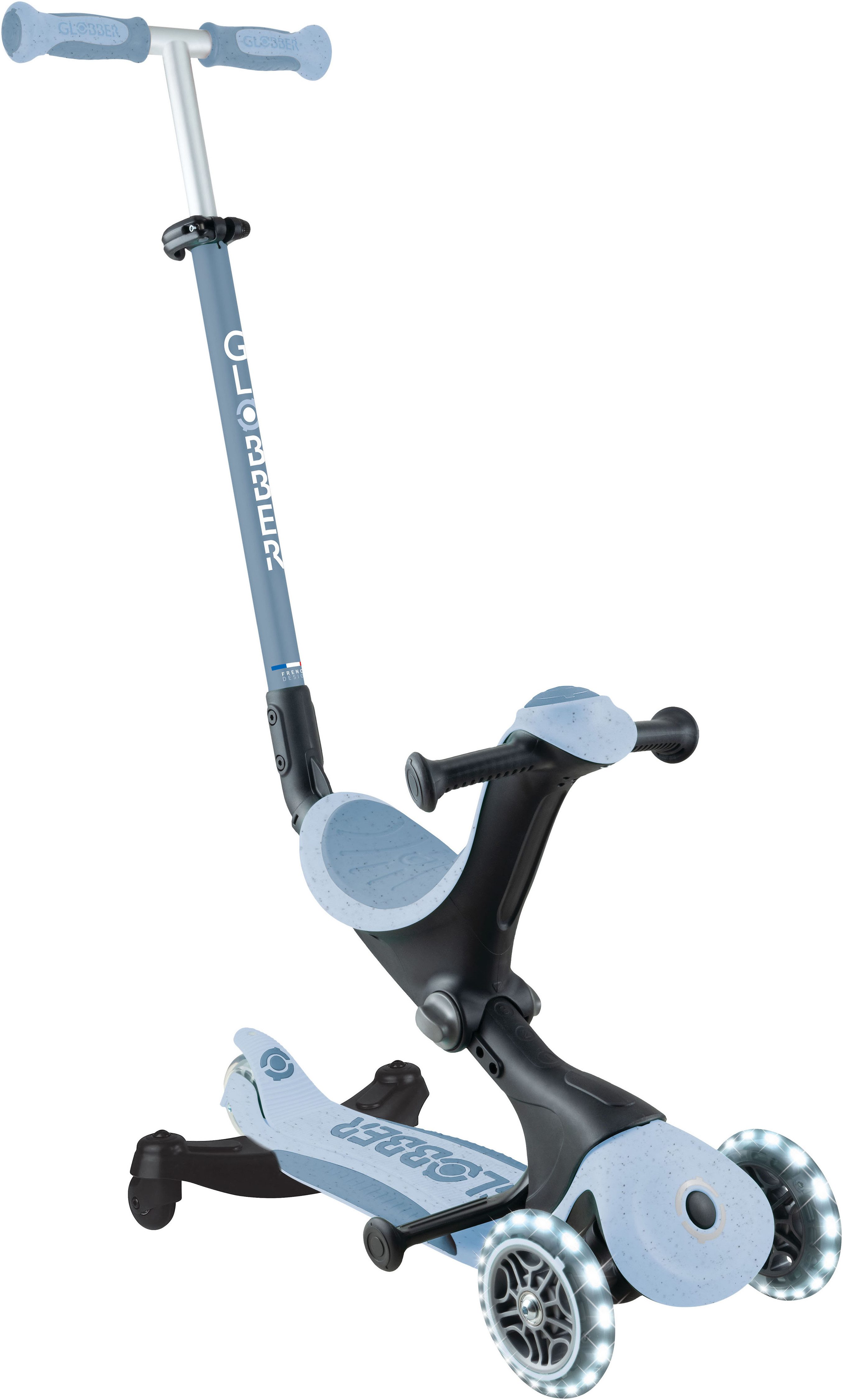 Globber Tretroller GO-UP DELUXE LIGHTS ECO 360, mit Leuchtrollen, Aufsitzrad mit Schubstange, Laufrad und Scooter