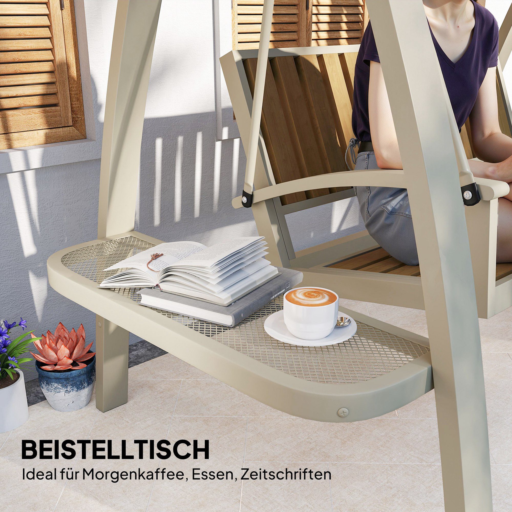 Outsunny Hollywoodschaukel mit verstellbarem Sonnendach, Seitentisch, 2-Sitzer, Schaukelfunktion, 2-Sitzer Gartenschaukel, 1 tlg., Schaukelbank, bis 240kg, für Garten, Terrasse, 200 x 120 x 190cm, Beige