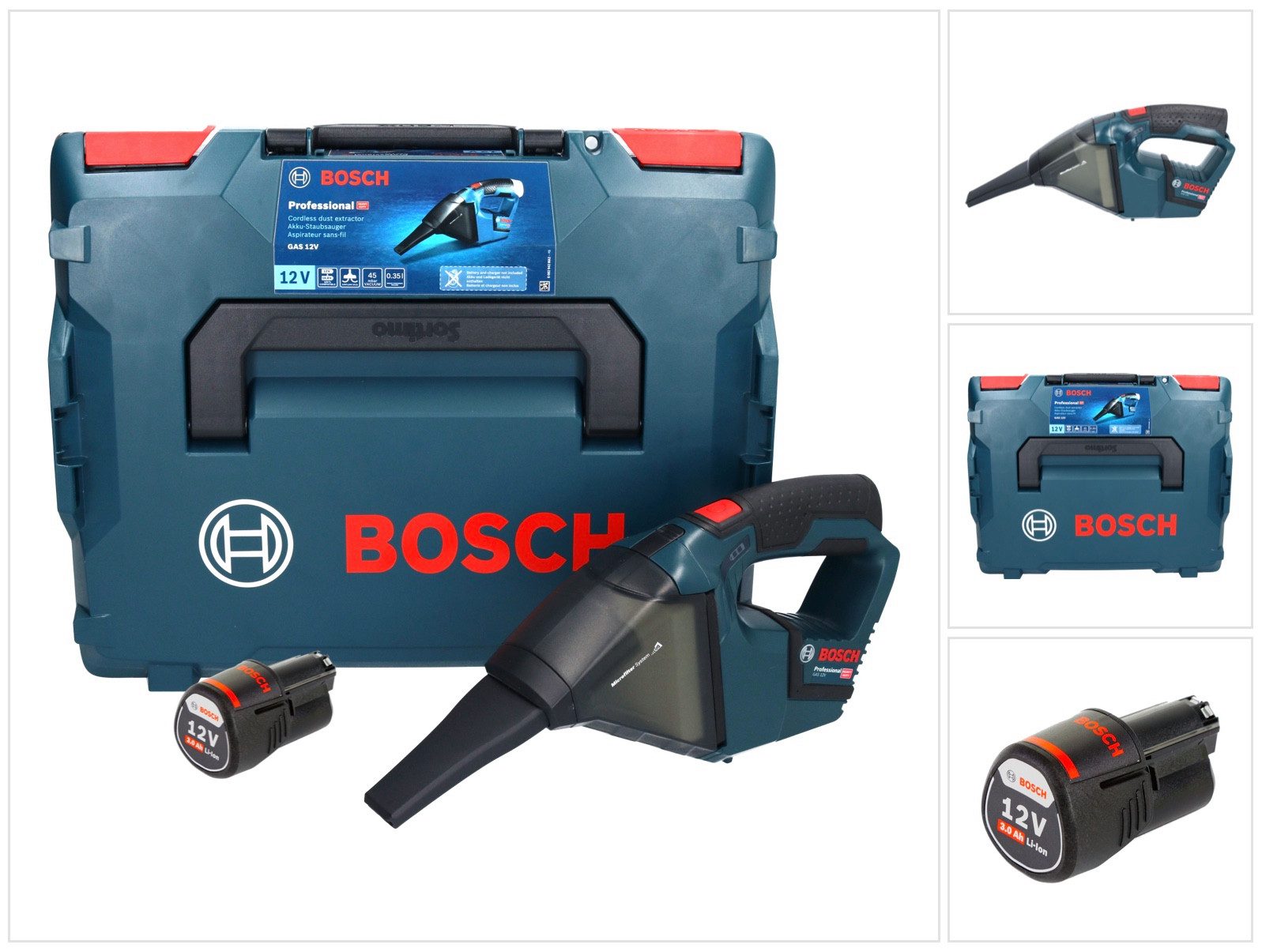 Bosch Professional Akku-Handstaubsauger GAS 12V Professional Akku Staubsauger 12 V 0,35 l + 1x Akku 3,0 Ah +