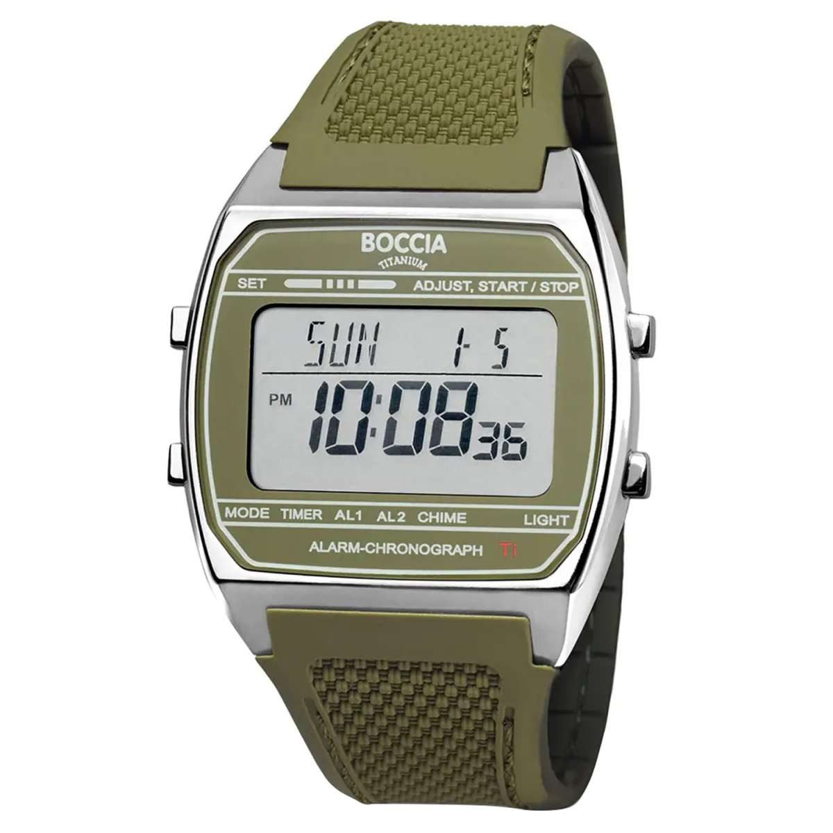 Boccia Digitaluhr 3738-03, Digital-Uhr in Unisexgröße Titan Olivgrün