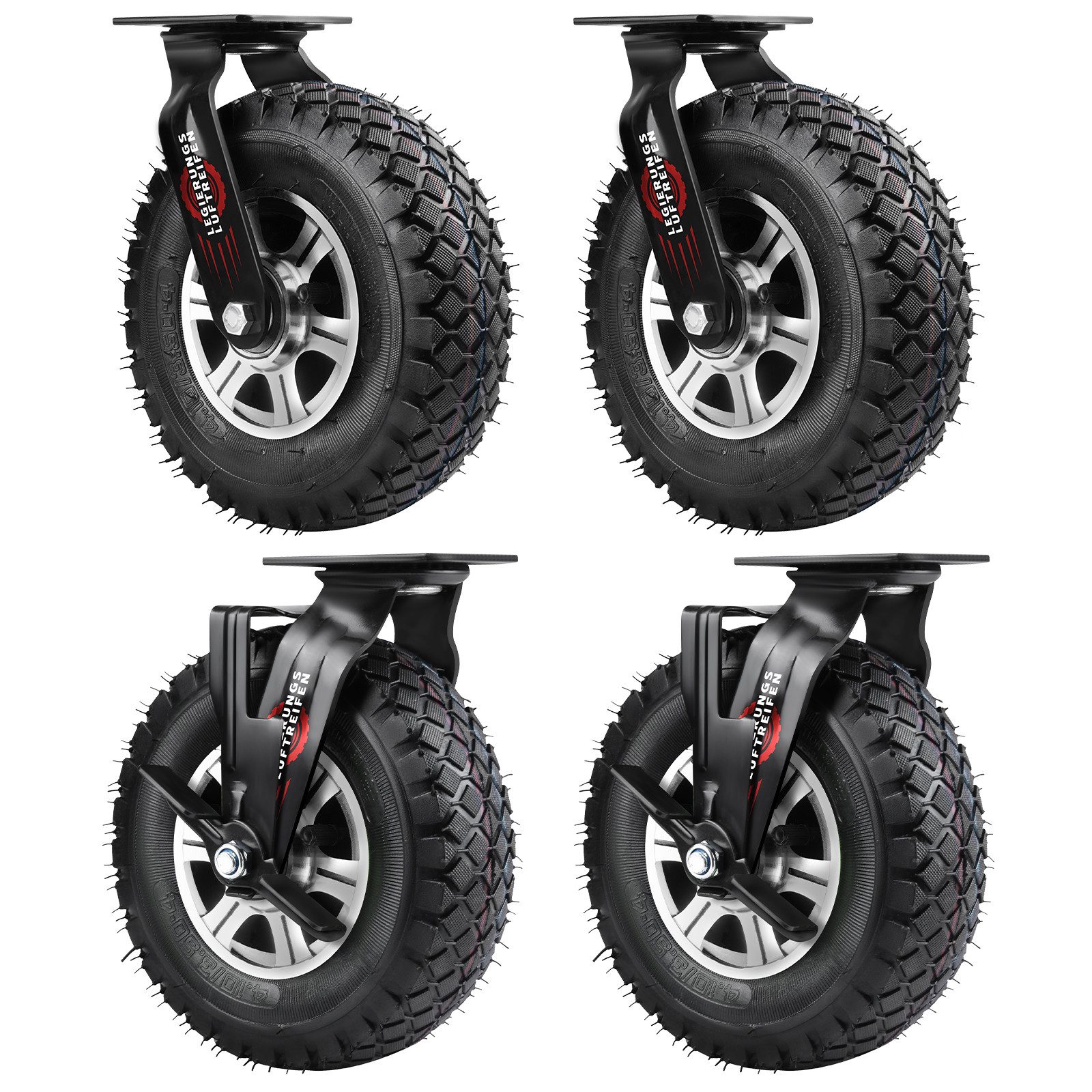 XERSEK Schwerlastrolle Luftreifen 250mm Luftrad Lenkrolle mit Alu-Halterung bis 170KG/Rad, (Set, Lenkrollen, Bremsrollen, starre Rollen, 360° Drehbar, Leise Langlebig), Für Möbel, Werkstatt, Transportwagen, Werkzeugkisten, Industrieeinsatz