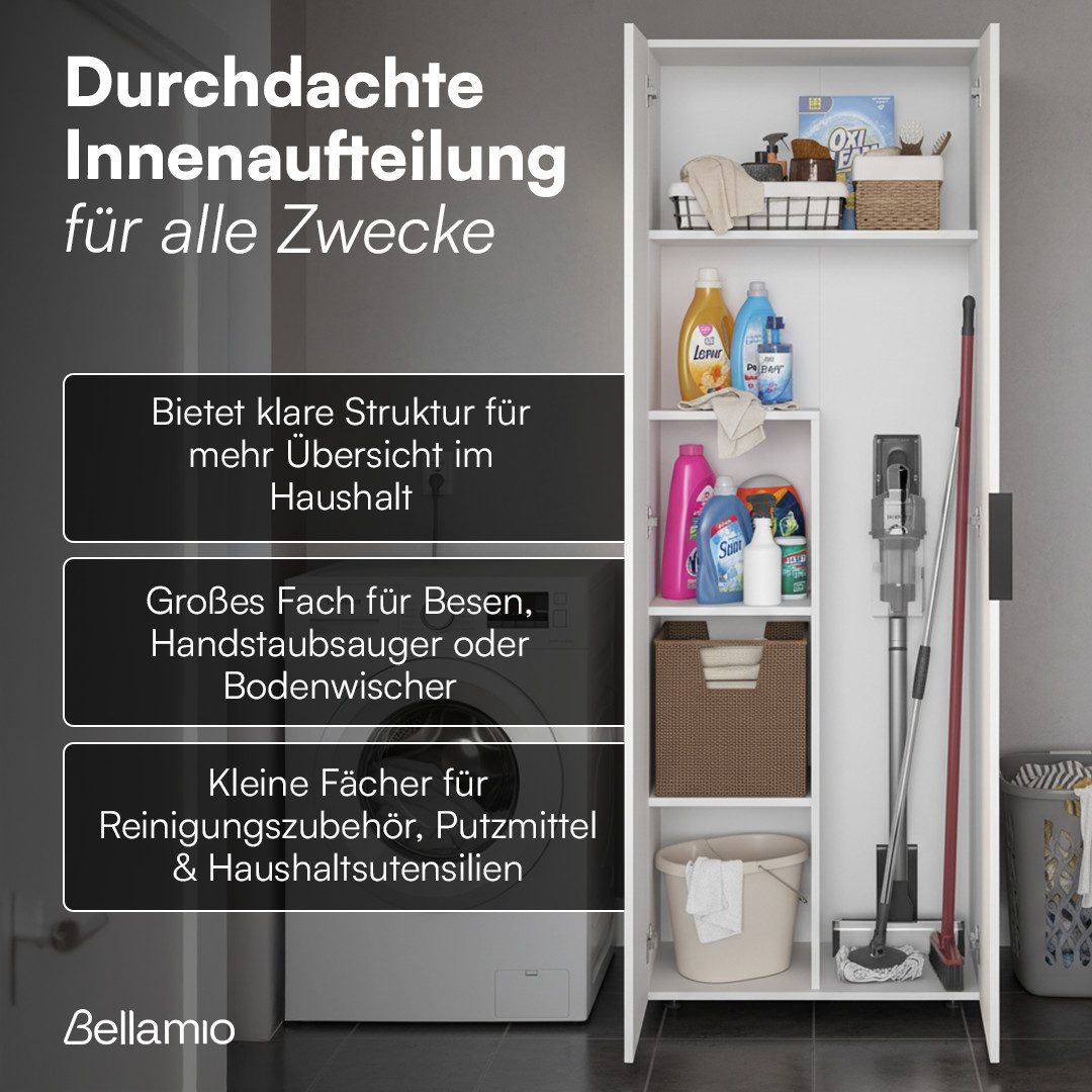 Bellamio Mehrzweckschrank Lurio inkl. Staubsaugerfach Besenschrank aus Holz in Weiß, Haushaltsschrank mit Griff & 5 Fächern