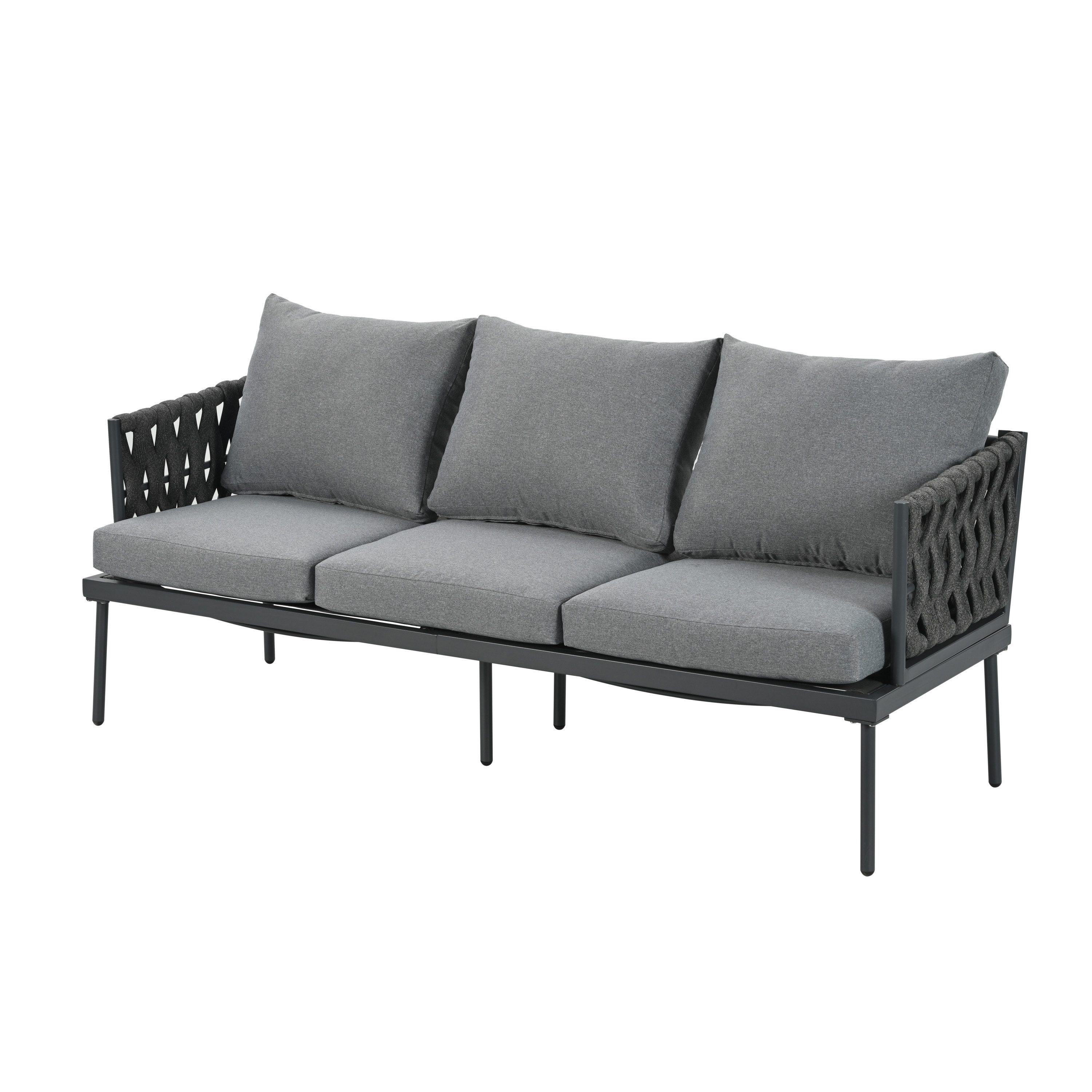 MODFU Gartenlounge-Set Outdoor-Möbelset, (Garten-Lounge-Set, Gartenmöbel-Set, Outdoor-Sofa-Set, Balkonset, 4-tlg., 3er Sofa, 2 Sessel und Couchtisch), Glastischplatte, geflochtene Seilarmlehnen, verzinkter Stahl