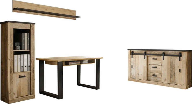 Home affaire Schrank-Set SHERWOOD, (4-St), Büromöbel Set in Holz Dekor, mit Scheunentorbeschlag aus Metall