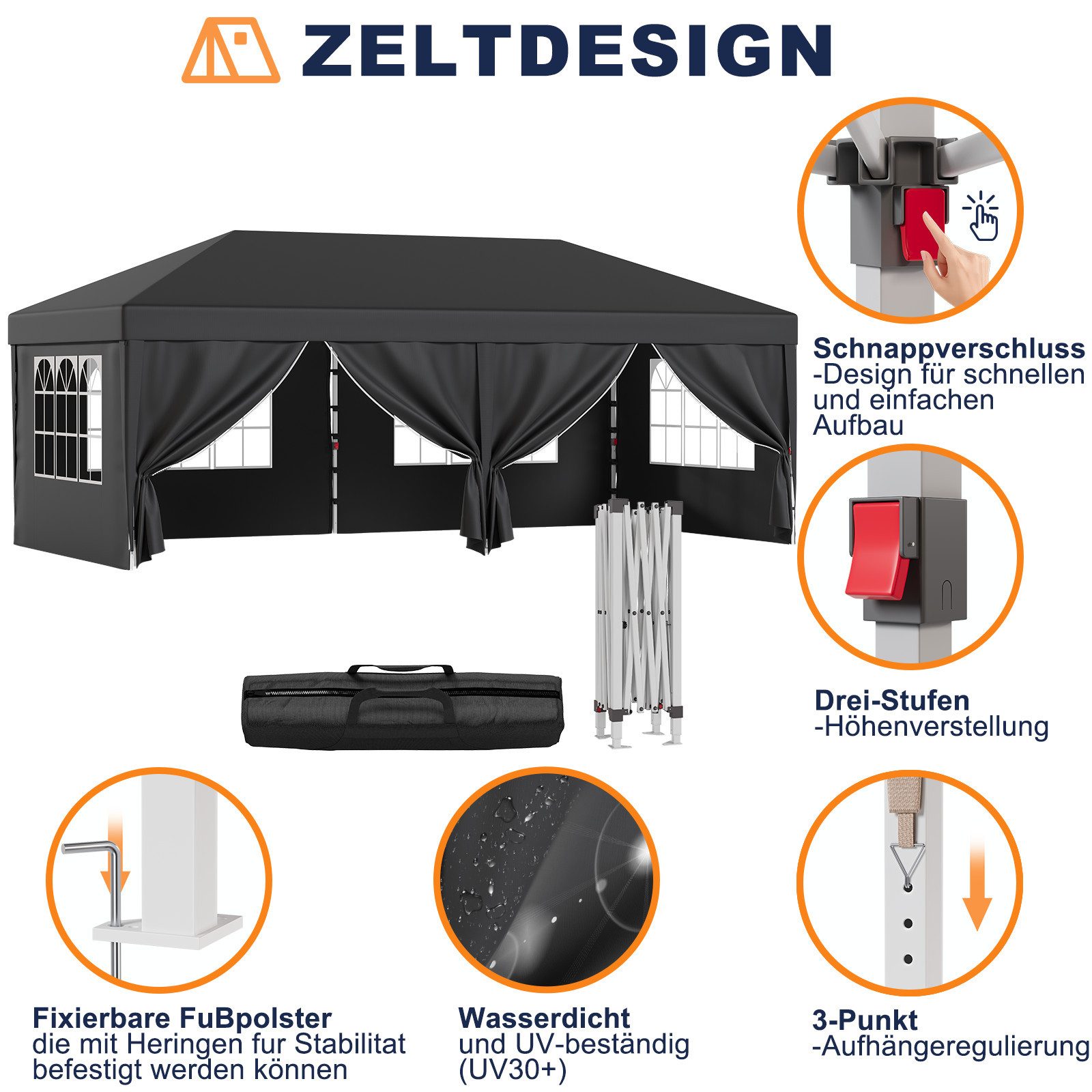 GUNJI Faltpavillon 3x6m Pop-up Pavillon, Höhenverstellbar, Wasserdicht Partyzelt, mit 6 Seitenteilen, UV30+ wetterfestes Partyzelt fur 4-10 Personen – Bild 5 von 5